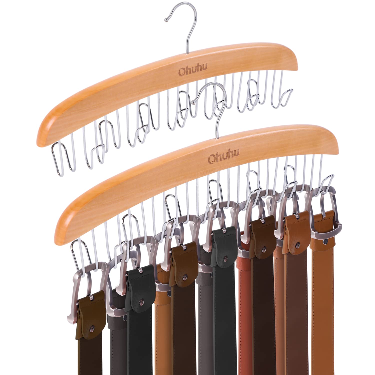 Ohuhu 12-Hook Rotating Belt Hanger Organizer - Wooden Space-Saving Rack for Belts, Ties, Scarves & Accessories (2-Pack) | Perfect for Closet, Bedroom & Dorm Organization