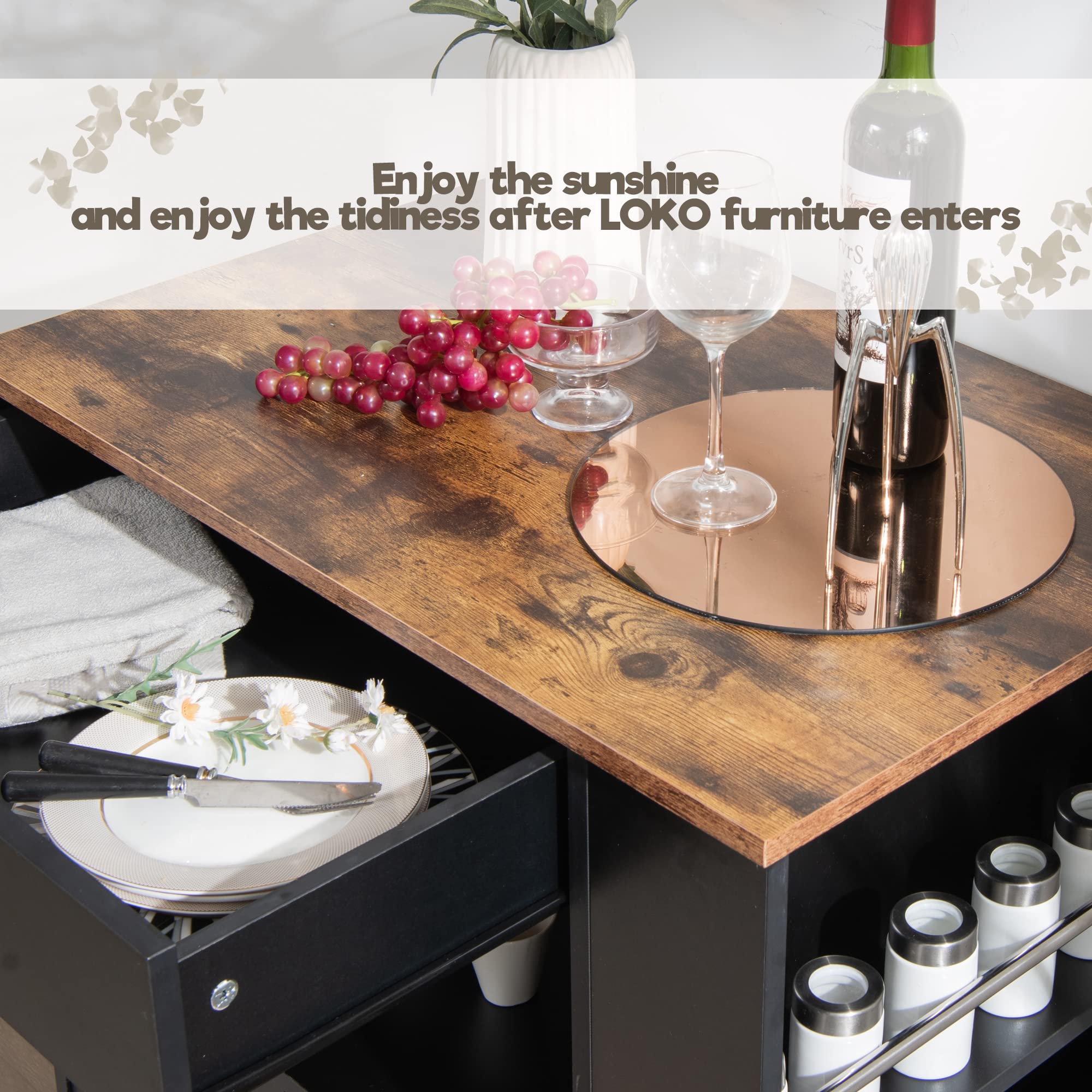 LOKO Mobile Kitchen Island Cart with Lockable Wheels, Towel Rack & Spice Rack - 32.5