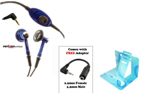 Premium Verizon OEM Wired Stereo Headset with Microphone - Blue Hands-Free Earbuds for LG enV Touch (Includes 2.5mm to 3.5mm Adapter & Phone Stand) - Perfect for Driving, Office Calls & Hands-Free Communication