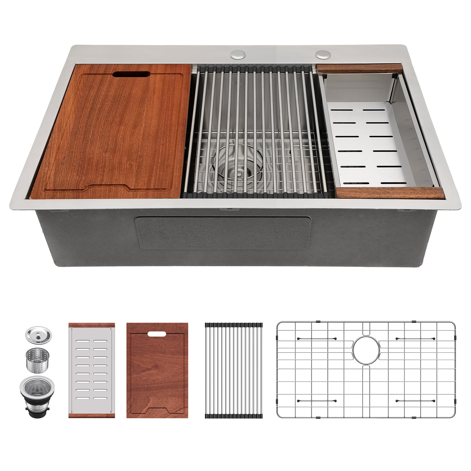 Lordear 33x19 Inch Drop-In Kitchen Sink - 16 Gauge 304 Stainless Steel Single Bowl Workstation with Built-in Accessories | Over Counter Handmade Sink Basin for Modern Kitchens & Restaurant Prep