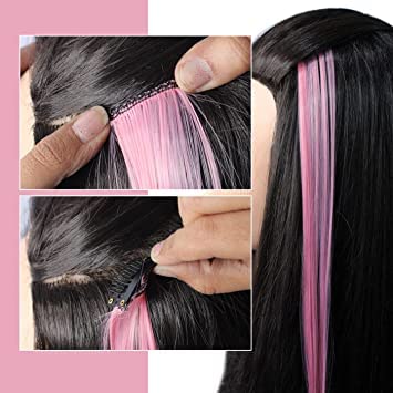 KAVIN Clip In Straight Hair Extensions Set of 2 - Colored Hair Streaks & Highlights for Women & Girls (Peach) | Halloween Costume Accessories, Cosplay & Party Hairstyle Enhancer
