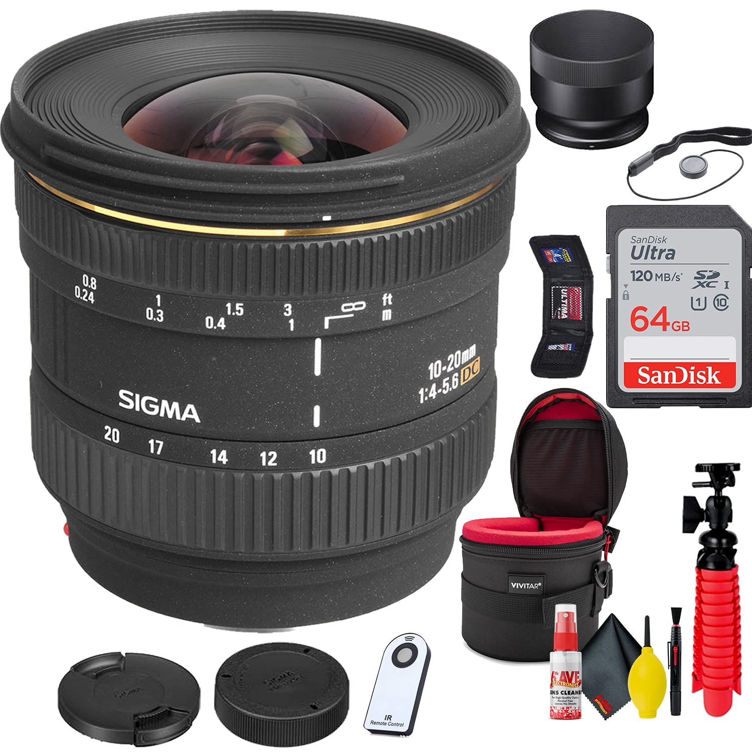 Sigma 10-20mm f/4-5.6D EX DC Wide Angle Lens for Sony A Mount DSLR Cameras (201205) - Complete Photography Bundle with 64GB SD Card, Lens Cap, Protective Case, Wireless Remote, Tripod, Memory Wallet & Cleaning Kit - Perfect for Landscape, Architecture & Travel Photography