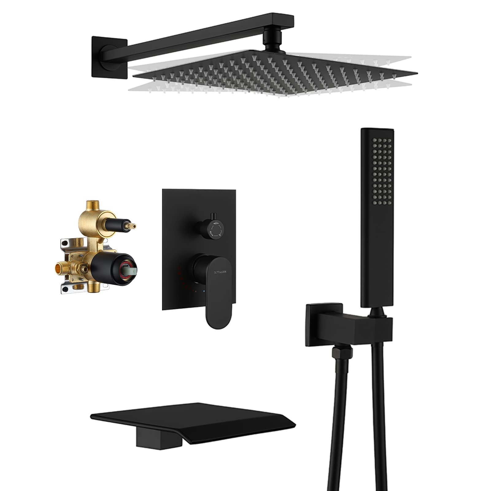 BLTFAUCER 10-inch Square Waterfall Shower Faucet Set - Matte Black Wall Mounted Shower Tub Kit with High Pressure Rainfall Shower Head & Handheld Spray - Perfect for Modern Bathrooms & Spa-Like Shower Experience