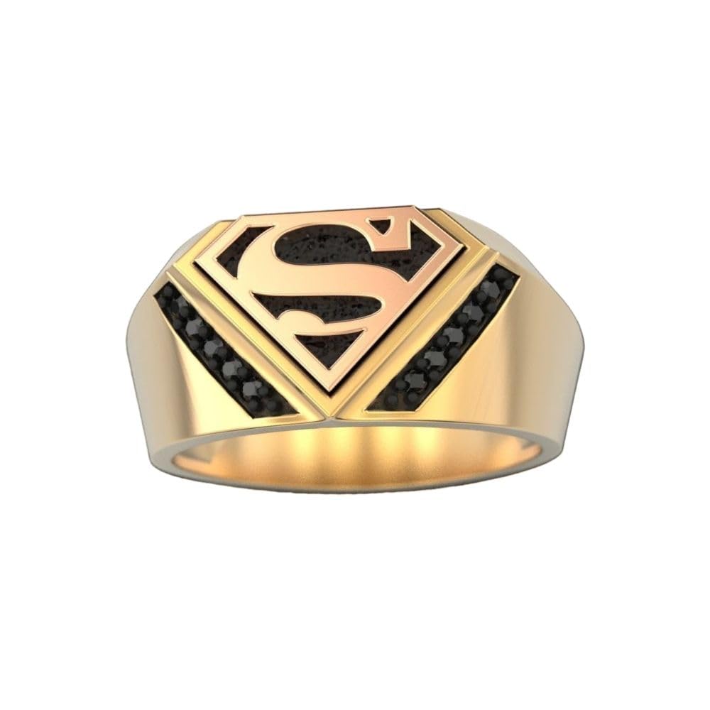 0.10 Ct Round Cut Black Diamond Men's Superhero Ring - 14K Gold Plated 925 Sterling Silver Handmade Signet Ring - Perfect Gift for Him - Ideal for Cosplay, Weddings & Special Occasions