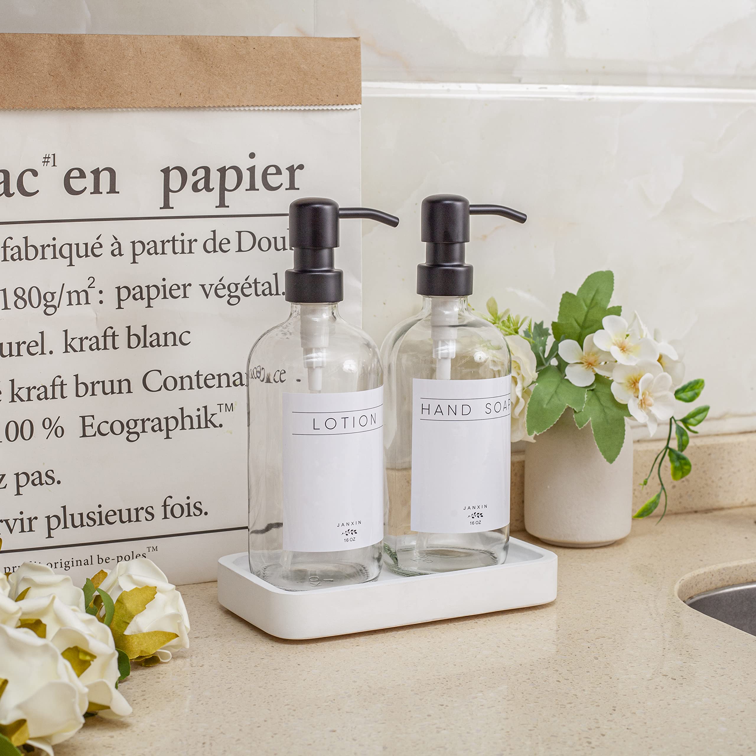 Elegant Clear Glass Soap Dispenser with Stainless Steel Pump & Wood Tray - Hand Soap Dispenser for Kitchen, Bathroom, Sink Countertop - Modern Home Decor Set (White Wood Tray + Black Pump) - Perfect for Farmhouse, Apartment & Office Use
