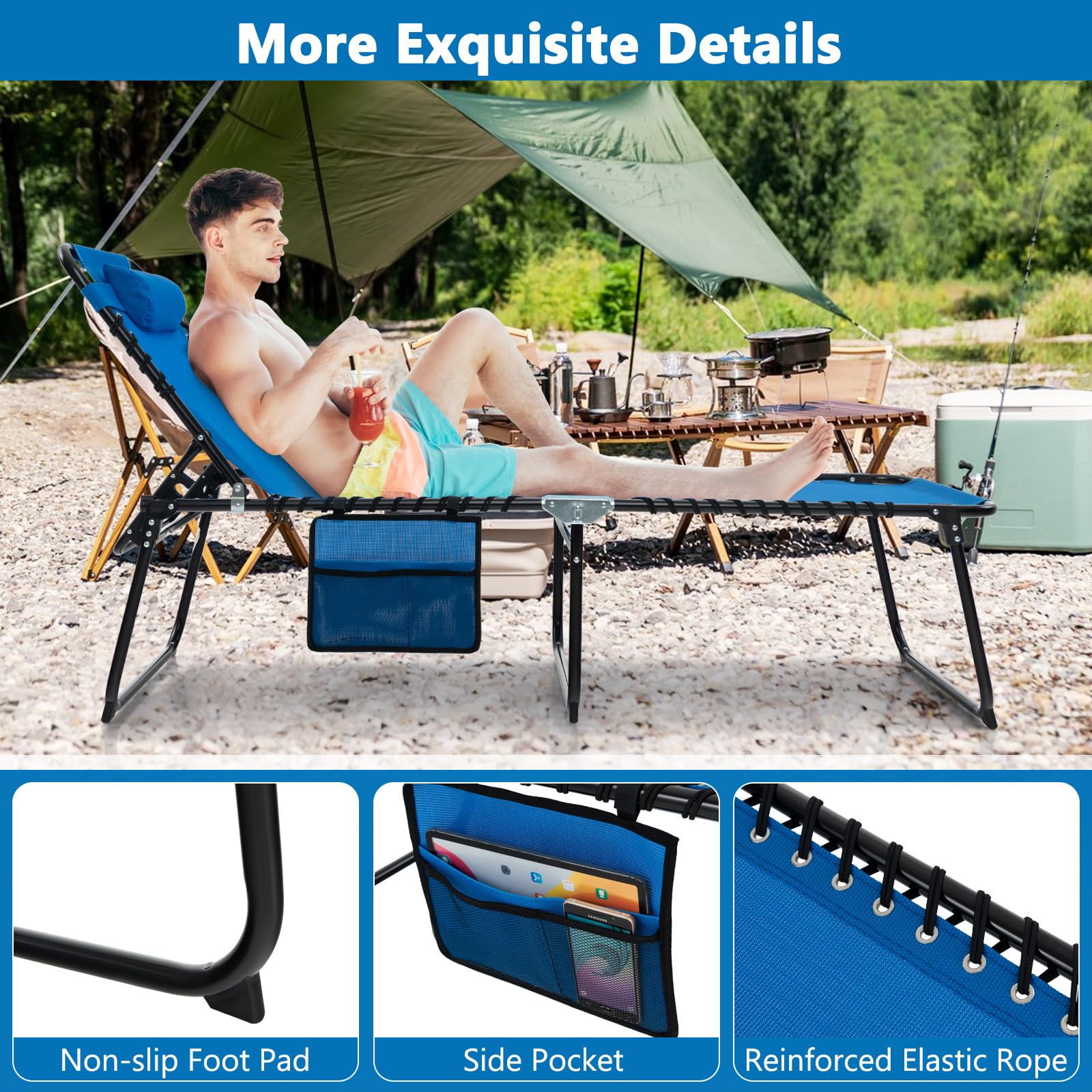 Giantex Folding Patio Lounge Chair with Headrest - 4 Adjustable Positions & Side Pocket, Outdoor Chaise Lounge for Camping, Pool, Beach, Sunbathing - Navy Blue (Perfect for Backyard, Deck, and Vacation Relaxation)