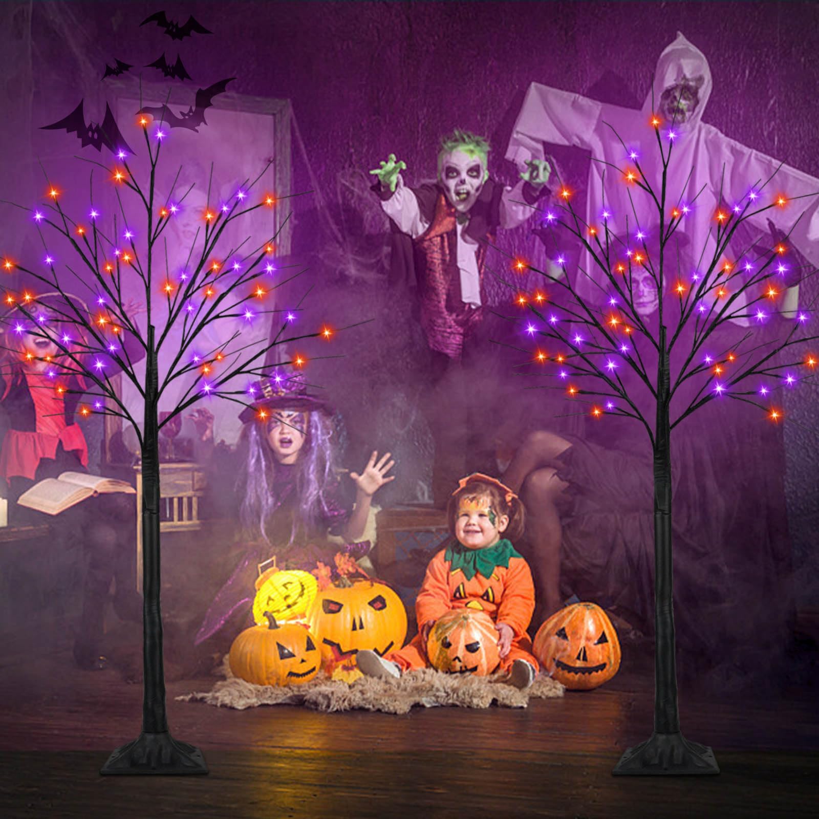 2-Pack 6FT 300LED Black Halloween Tree Lights with Timer - Purple & Orange Spooky Lights for Indoor/Outdoor Halloween Decorations | Perfect for Yard, Porch, Party & Haunted House Displays