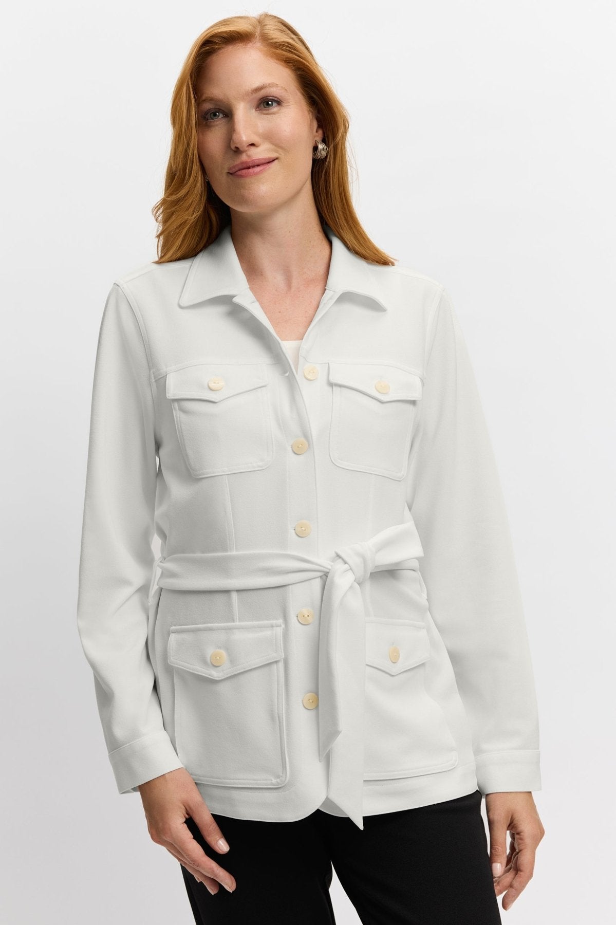 Stella Knit Crepe Long Sleeve Belted Jacket for Women - Elegant Fall Outerwear - Perfect for Office, Date Night & Autumn Layering
