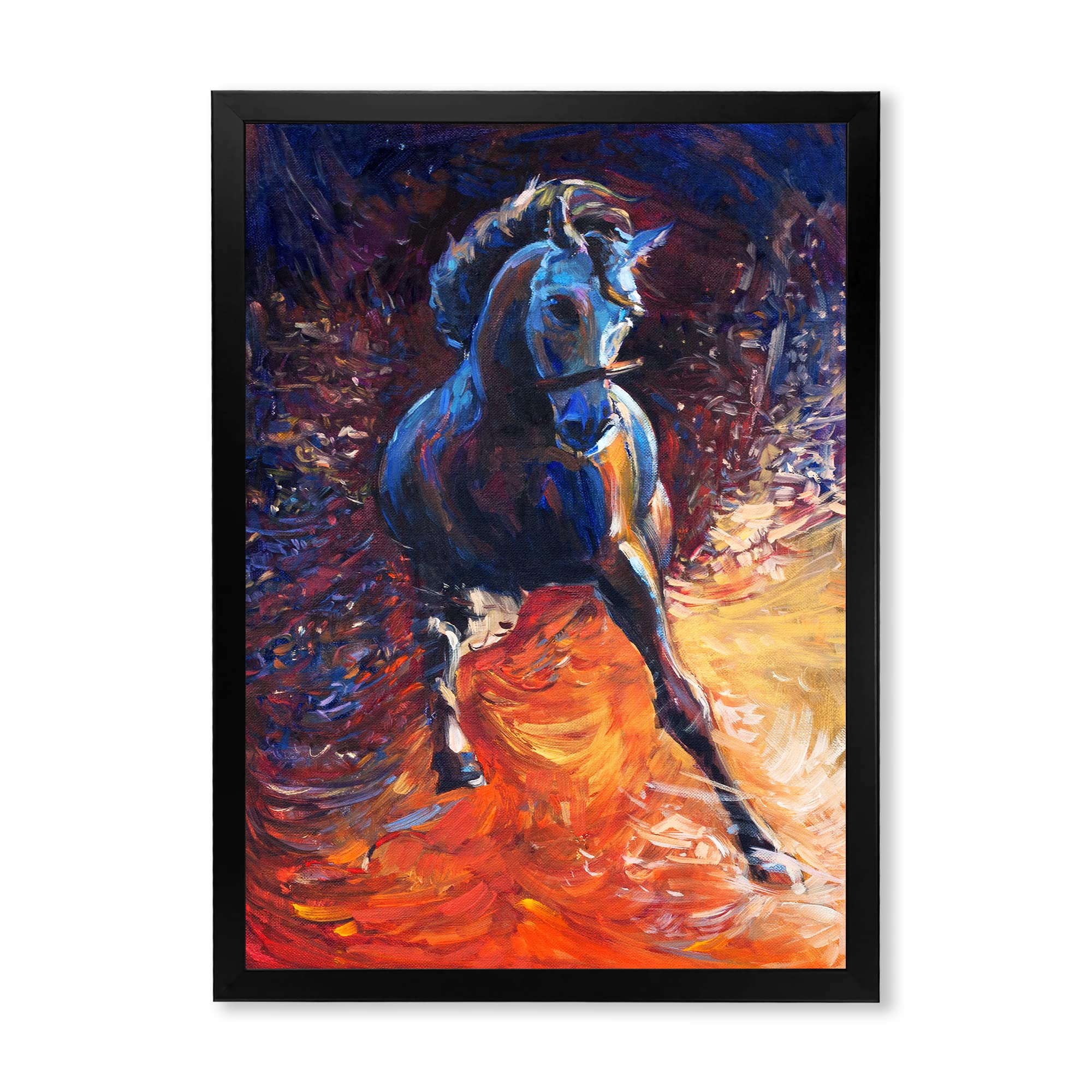 DesignQ Framed Wall Art - Galloping Blue Horse Farmhouse Portrait Painting for Living Room, Bedroom & Office Decor