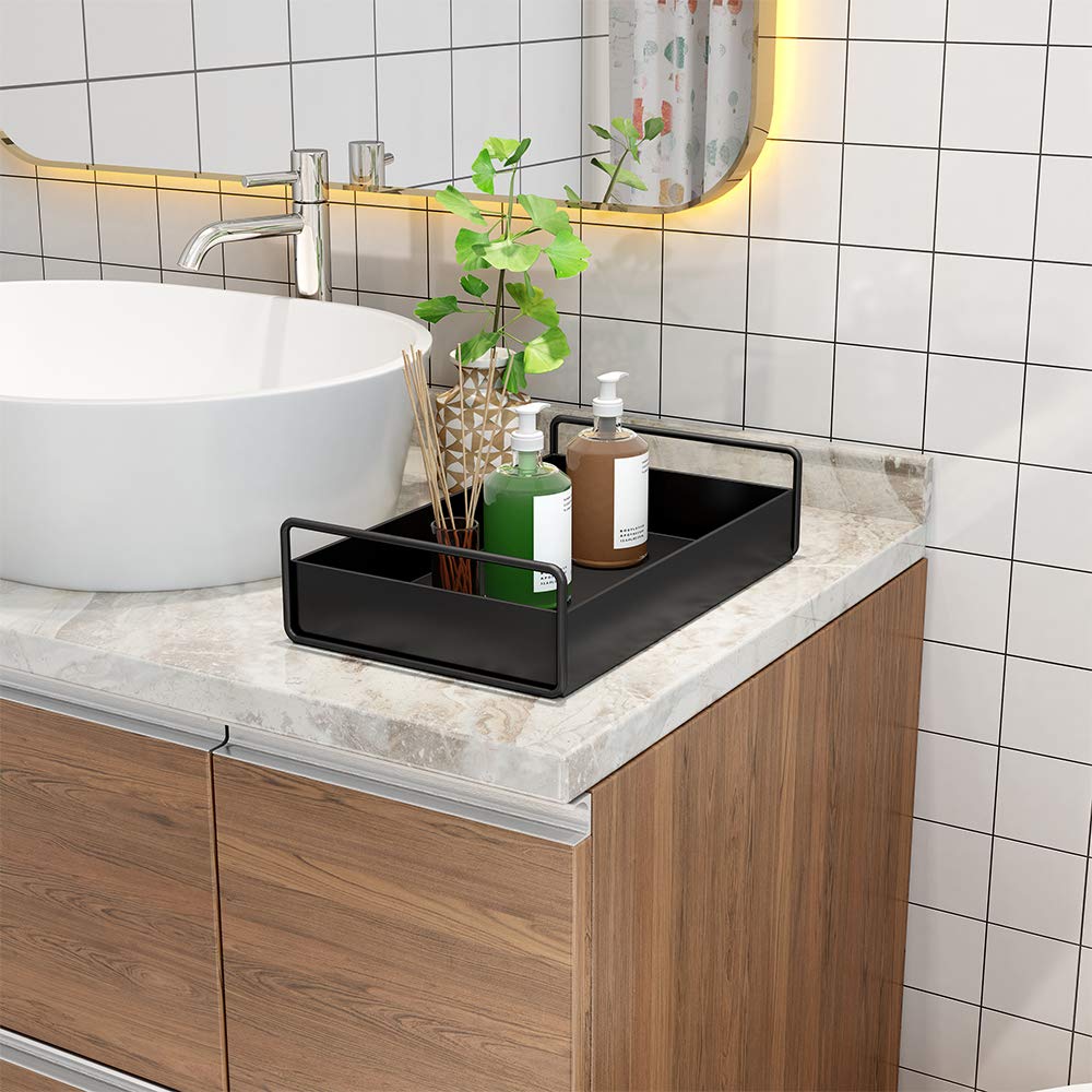 Black Bathroom Countertop Organizer Tray - Vanity Makeup & Perfume Display, Kitchen Counter Decor, Coffee Table Decorative Tray for Home Organization | Perfect for Bathroom Storage, Makeup Display & Living Room Decor