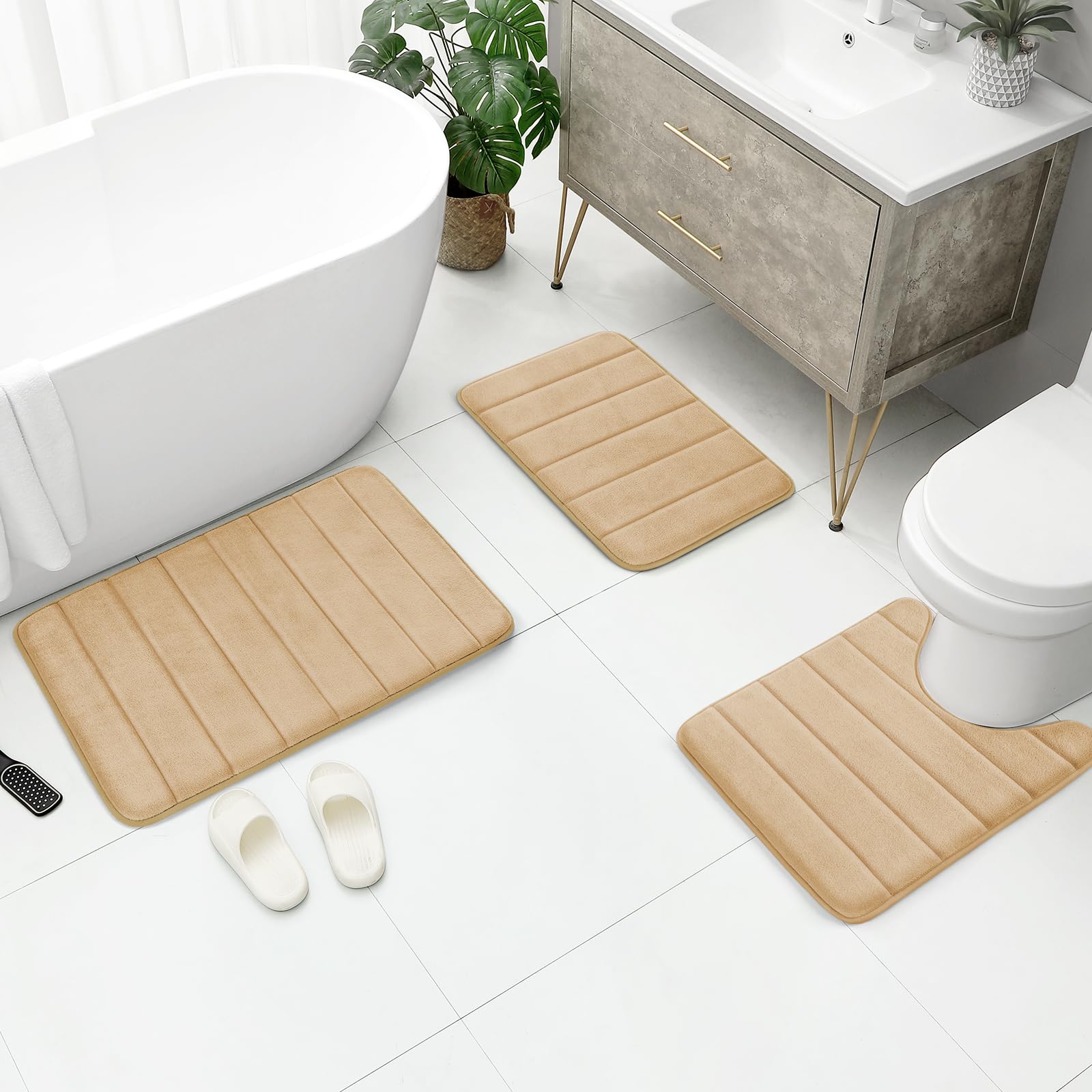 BYSURE Beige Memory Foam Bathroom Rug Set 3 Piece - Ultra Soft Non-Slip Absorbent Bath Mats, Machine Washable & Quick Dry Toilet Mat for Bathroom Floor - Perfect for Bathroom, Shower, and Vanity Areas