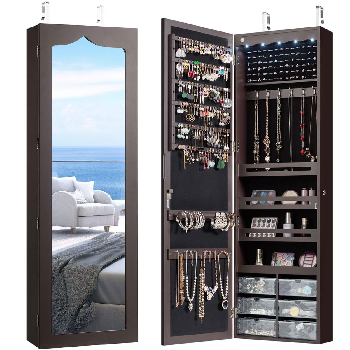 Charmaid Jewelry Cabinet with Mirror & Lights - Large Wall Mount Organizer for Jewelry Storage at Home