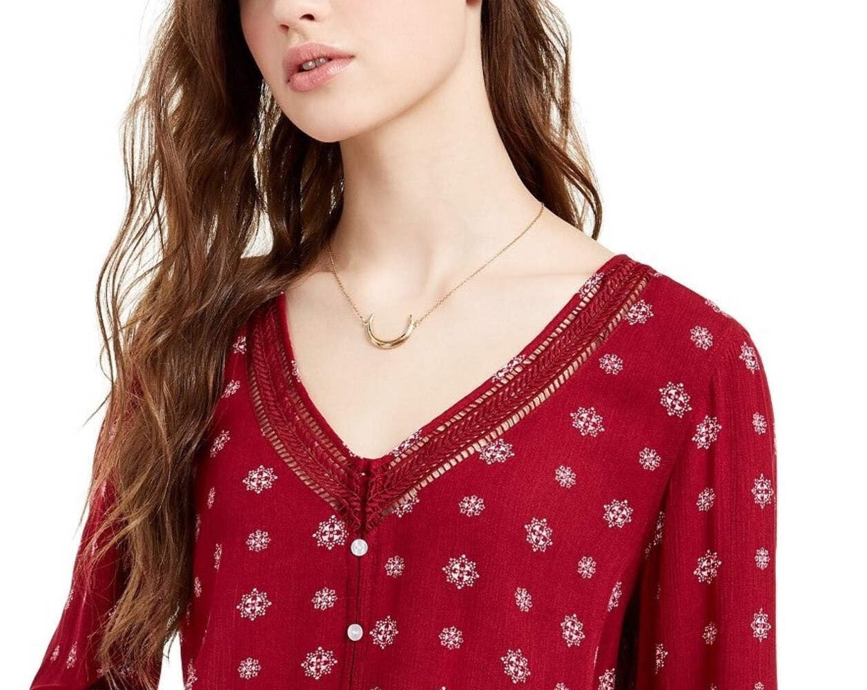 Women's Juniors' Crochet-Trim Blouse - Maroon Boho Chic Top Size Large for Casual Wear, Date Night & Summer Outfits