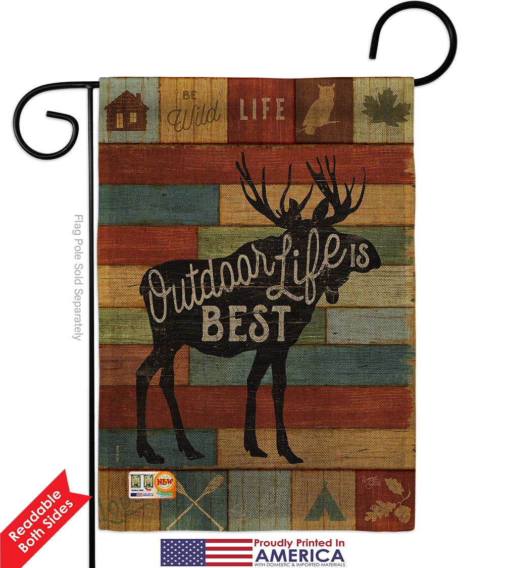 Double-Sided Burlap Garden Flag Set with Stand - Rustic Lodge Lake Cabin Moose Wildlife Design - 13x18.5 Inch Outdoor Decorative Banner for Yard, House, Cabin - Perfect for Forest Adventures, Camping Gifts & Cabin Decor - Made in USA