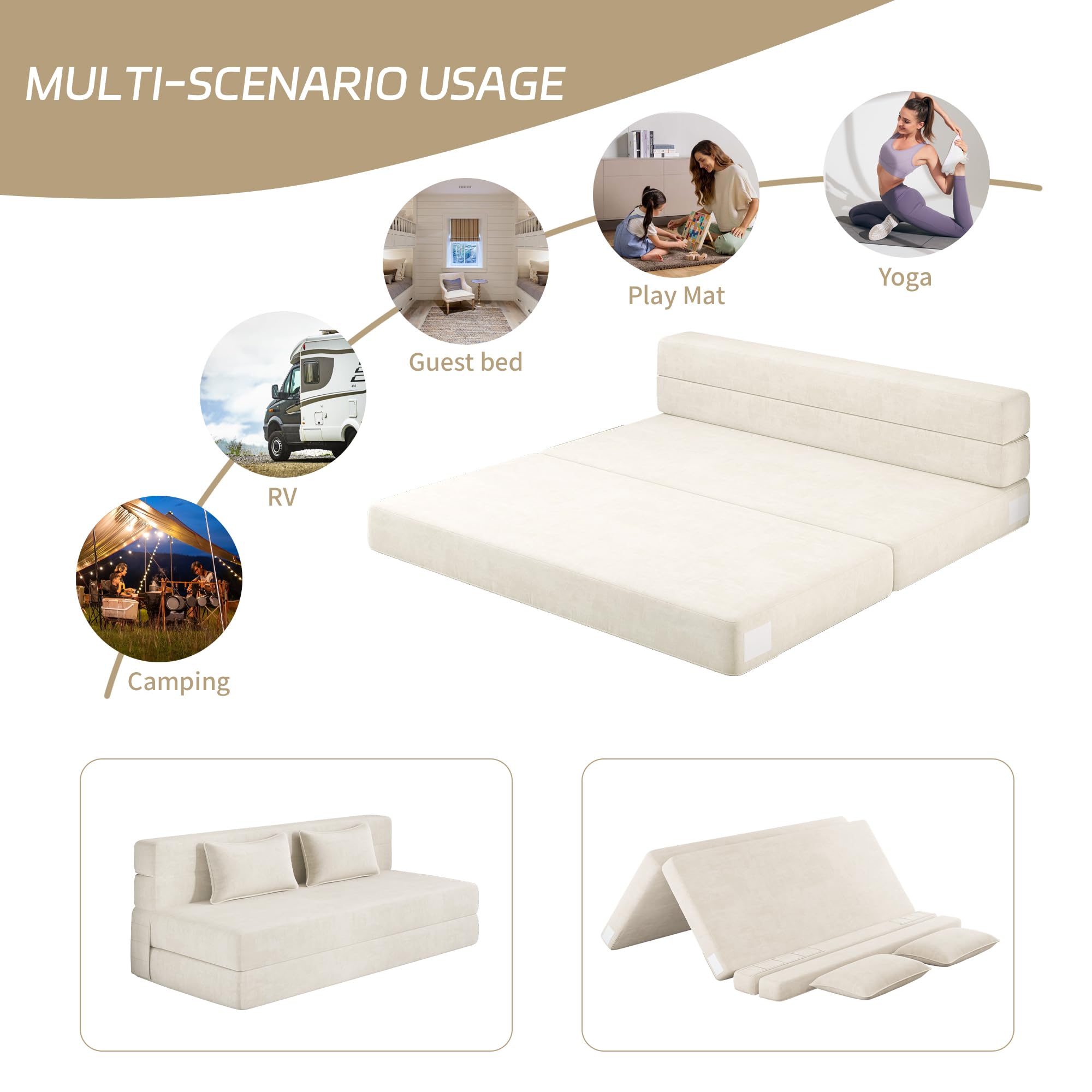 Convertible Folding Sofa Bed Queen Size with Pillows - Foldable Futon Sleeper Chair for Living Room, Dorm & Guest Room - Washable Cover, Off White - Perfect for Small Spaces, Lounging & Overnight Guests