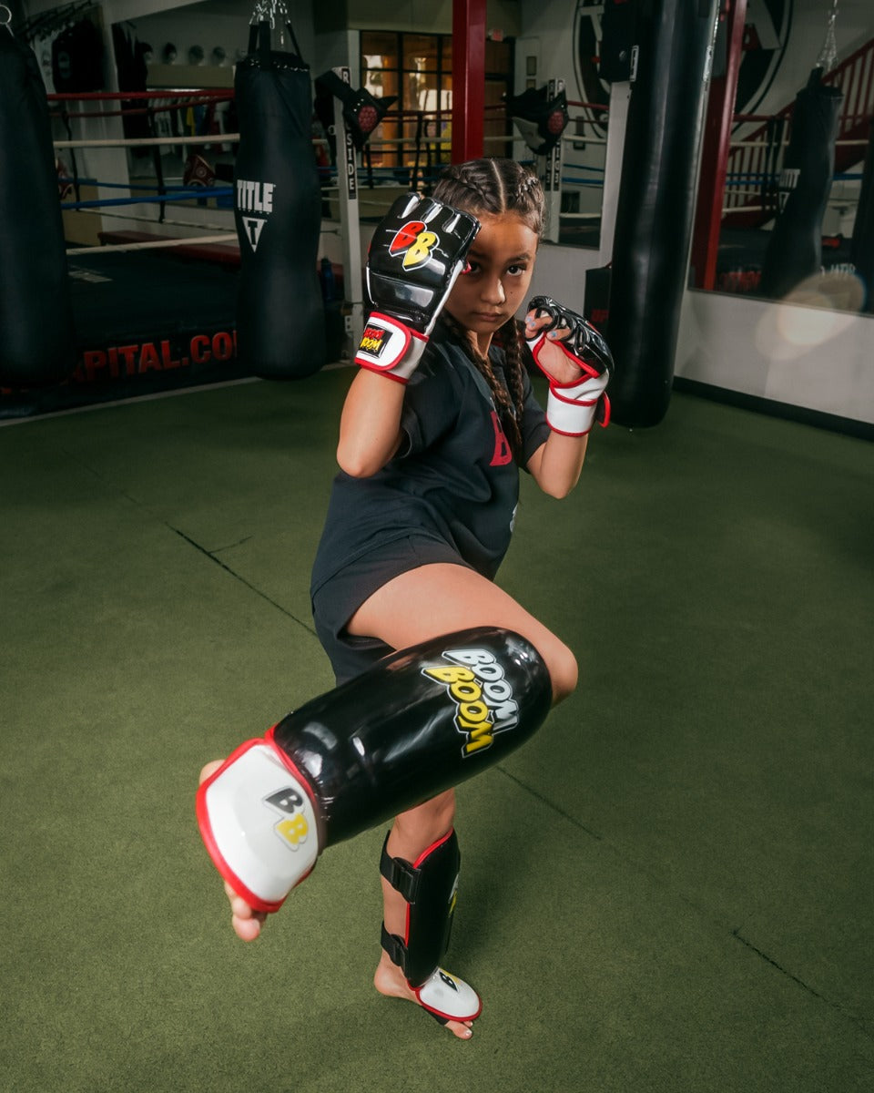 BOOM BOOM Boxing Bomber Youth Shin Guards - Kids & Teens MMA, Muay Thai, Kickboxing Protective Gear for Training & Competition