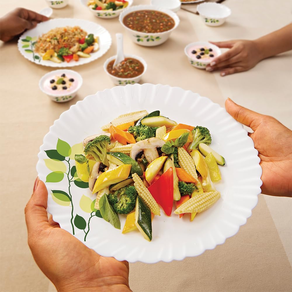 35-Piece Borosilicate Glass Dinnerware Set - Service for 6 with Stackable Plates, Bowls, Lids & Spoons - Chip & Stain Resistant, Microwave & Dishwasher Safe - White with Green Leaf Design - Perfect for Family Dinners, Parties & Everyday Use
