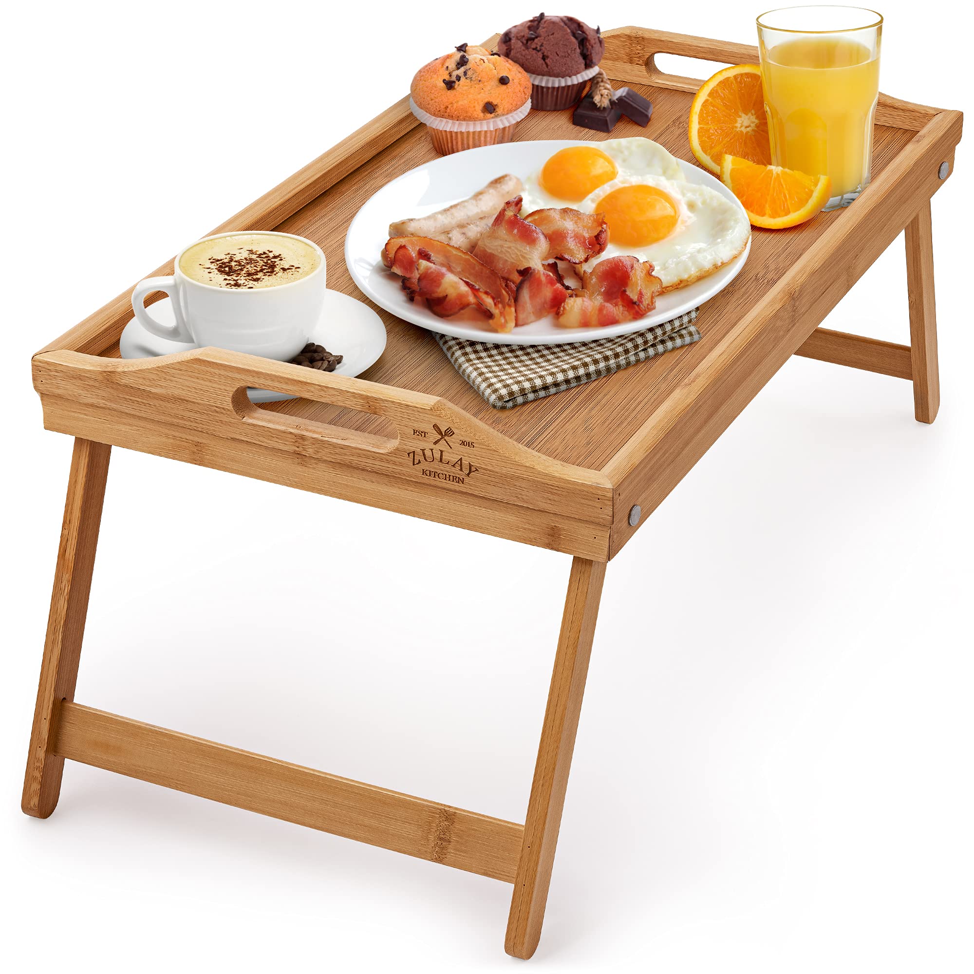 Zulay Premium Bamboo Breakfast Tray with Folding Legs - Adjustable Bed Table for Eating, Working & Relaxing - Multi-Functional Serving Tray for Breakfast in Bed, Laptop Desk, Snack Tray & Home Office Use