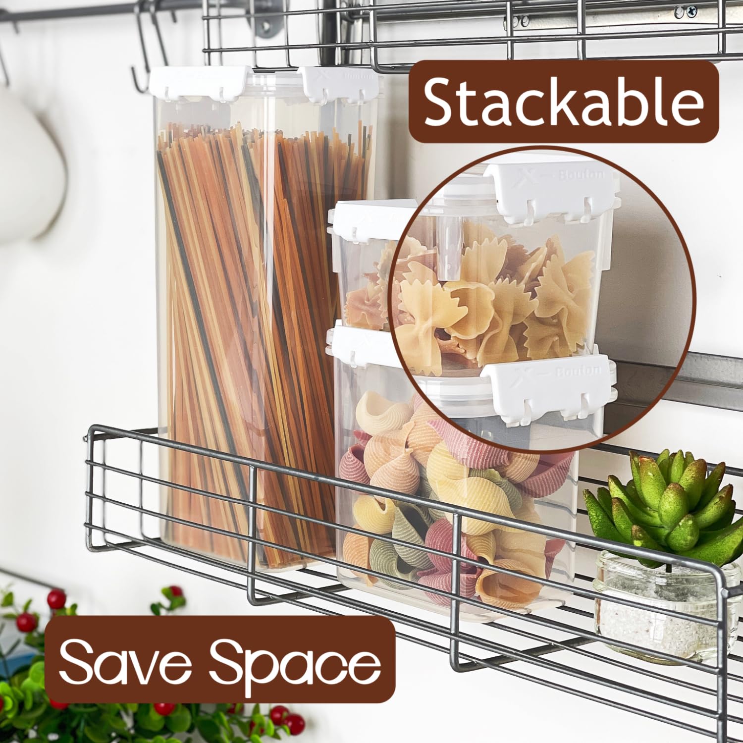6-Piece Airtight Pasta Storage Containers with Lids - Stackable, Leak-Proof Kitchen Pantry Organizers for Pasta, Noodles, Grains & Dry Foods | Perfect for Meal Prep, Bulk Food Storage & Pantry Organization