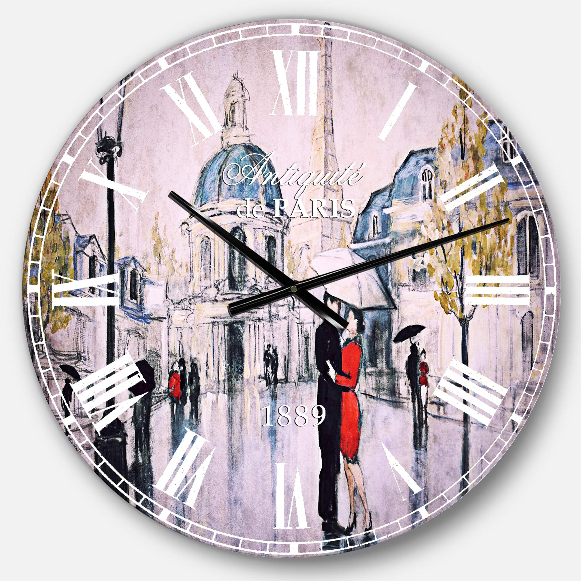 Designart Love in Paris French Country Round Wall Clock - Elegant Metal Wall Art Decor for Home, Living Room, Bedroom & Office | Perfect for Farmhouse, Vintage & Parisian Style Interiors