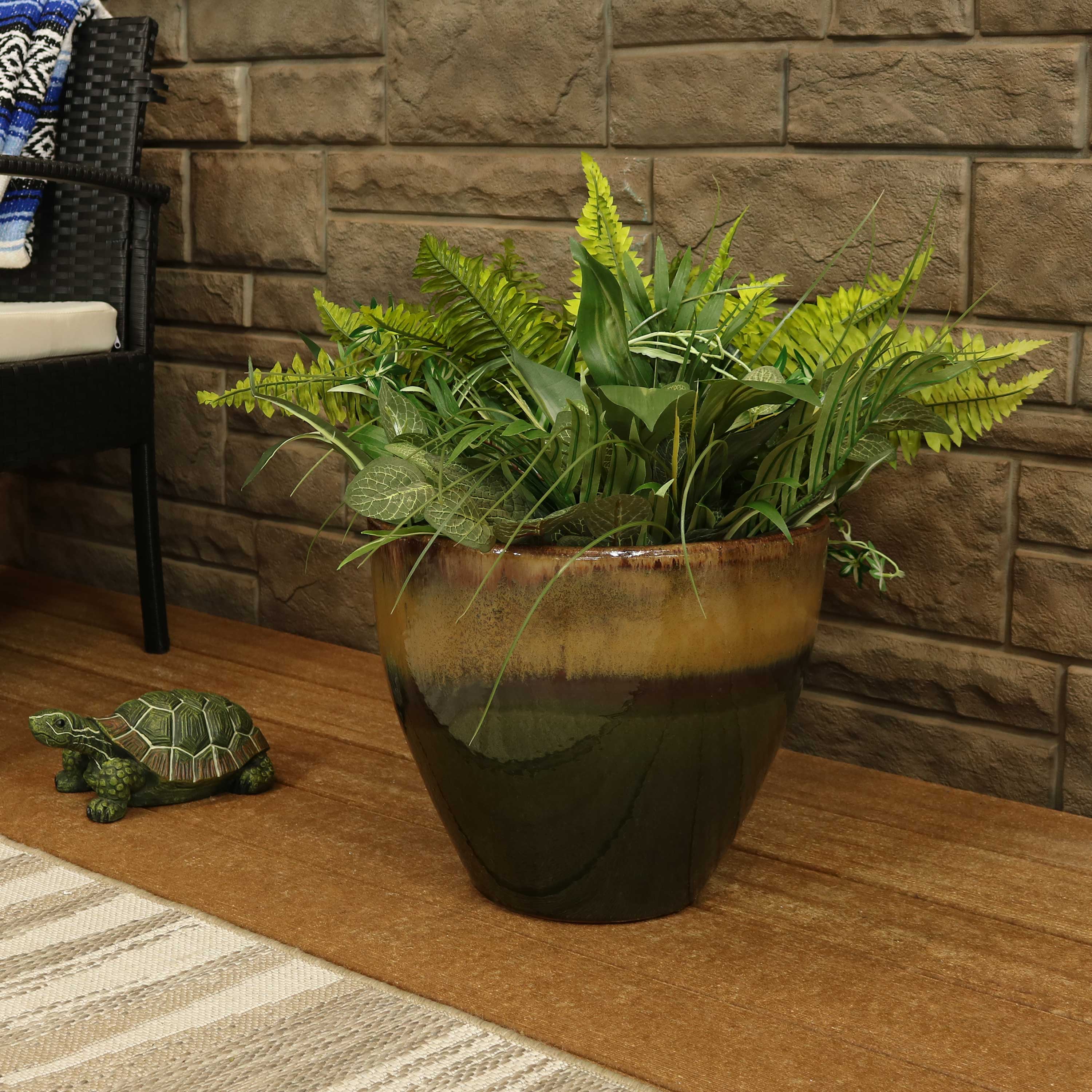 Sunnydaze Resort Round Glazed Ceramic Planter with Drainage Hole - Outdoor Garden Flower Pot for Patio, Deck & Balcony Decor