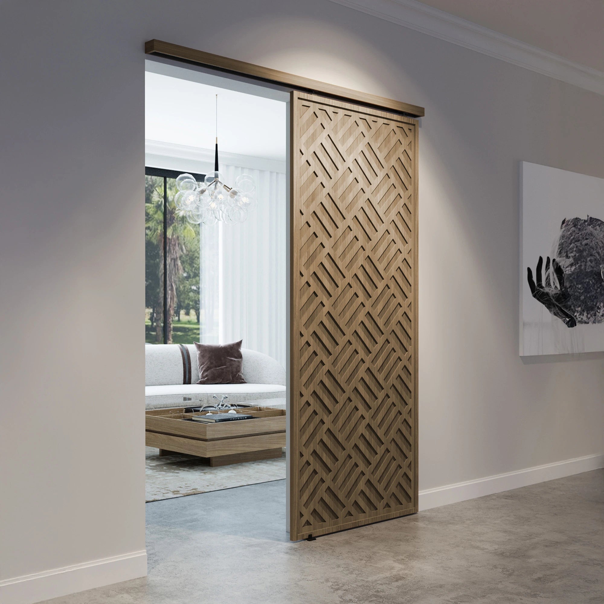 Rustic Sliding Barn Door with Decorative Overlay - Farmhouse Style Interior Door for Bedroom, Closet or Entryway