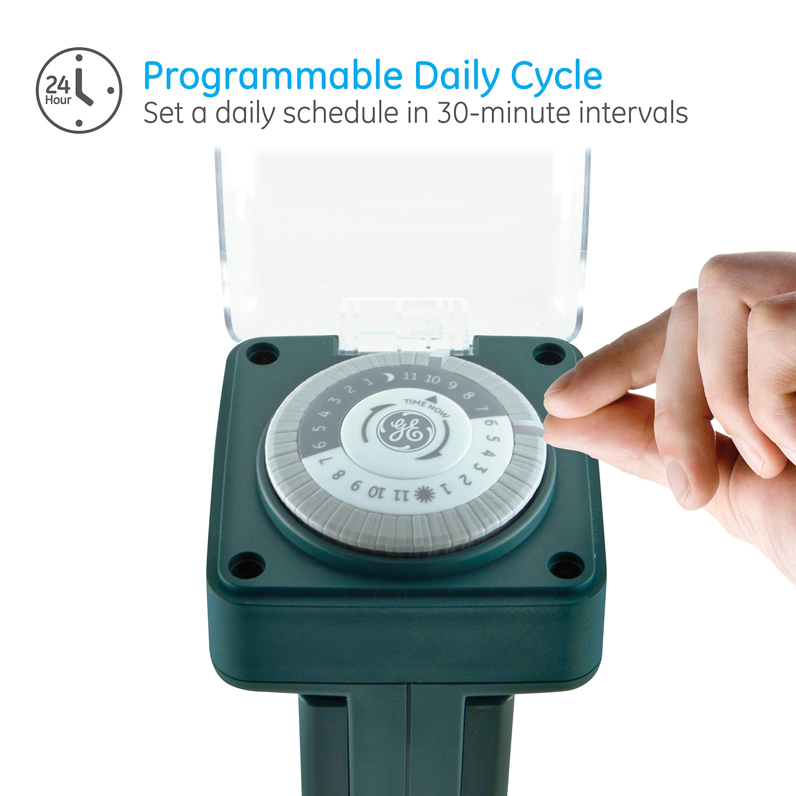 GE Outdoor 6-Outlet Mechanical Timer Stake - 24-Hour Programmable with 30-Minute Intervals, 120VAC Weatherproof Power Timer for Landscape Lighting, Holiday Decorations & Garden Equipment (Green, Model 29972) - Perfect for Patio Lights, Christmas Decor & Watering Systems