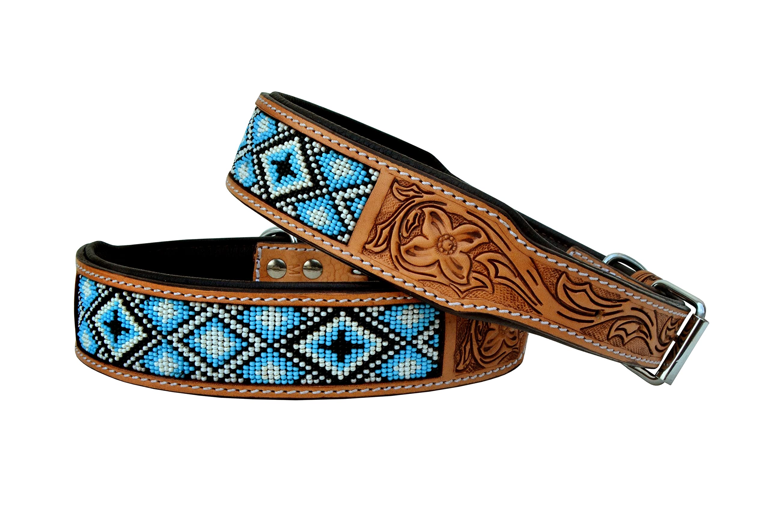 Western Style Leather Dog Collar - Heavy Duty Hand-Tooled Adjustable Beaded Padded Soft Collar for Puppies & Large Dogs (10AB020) - Perfect for Training, Walks & Outdoor Adventures