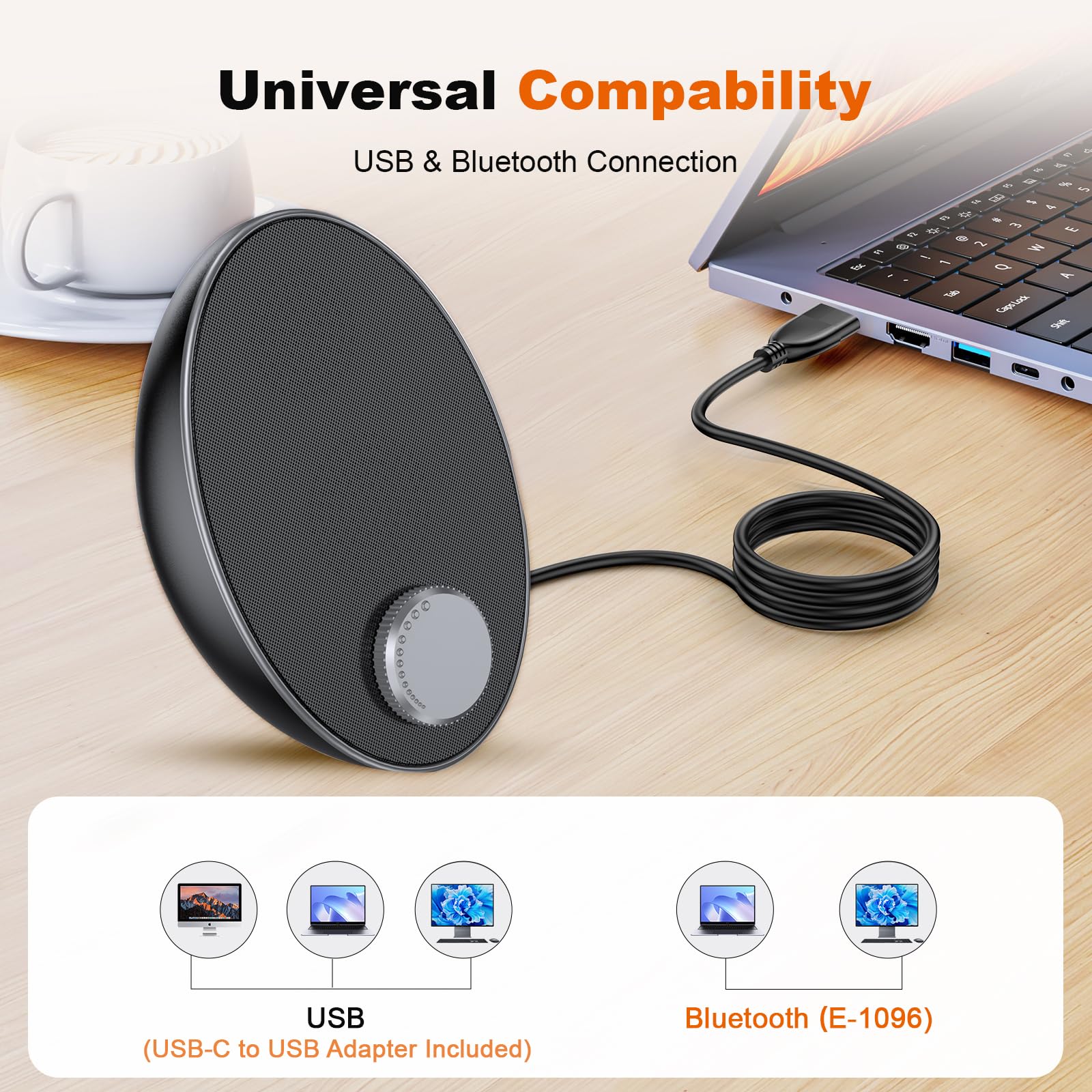 Portable Bluetooth Computer Speakers for Desktop PC & Laptop - USB Plug-N-Play External Speakers with Easy-Access Volume Knob & Clear Sound for Windows/macOS/ChromeOS/Linux - Ideal for Home Office, Gaming & Multimedia