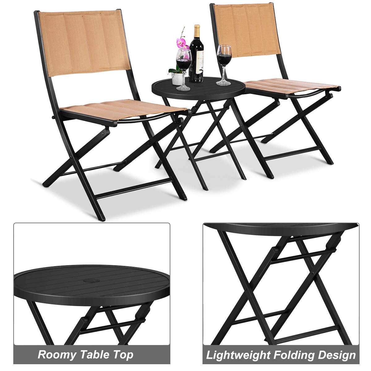 Giantex 3-Piece Patio Folding Table and Chairs Set, Outdoor Bistro Garden Furniture with Steel Frame - Perfect for Backyard, Deck, Balcony, and Poolside Relaxation