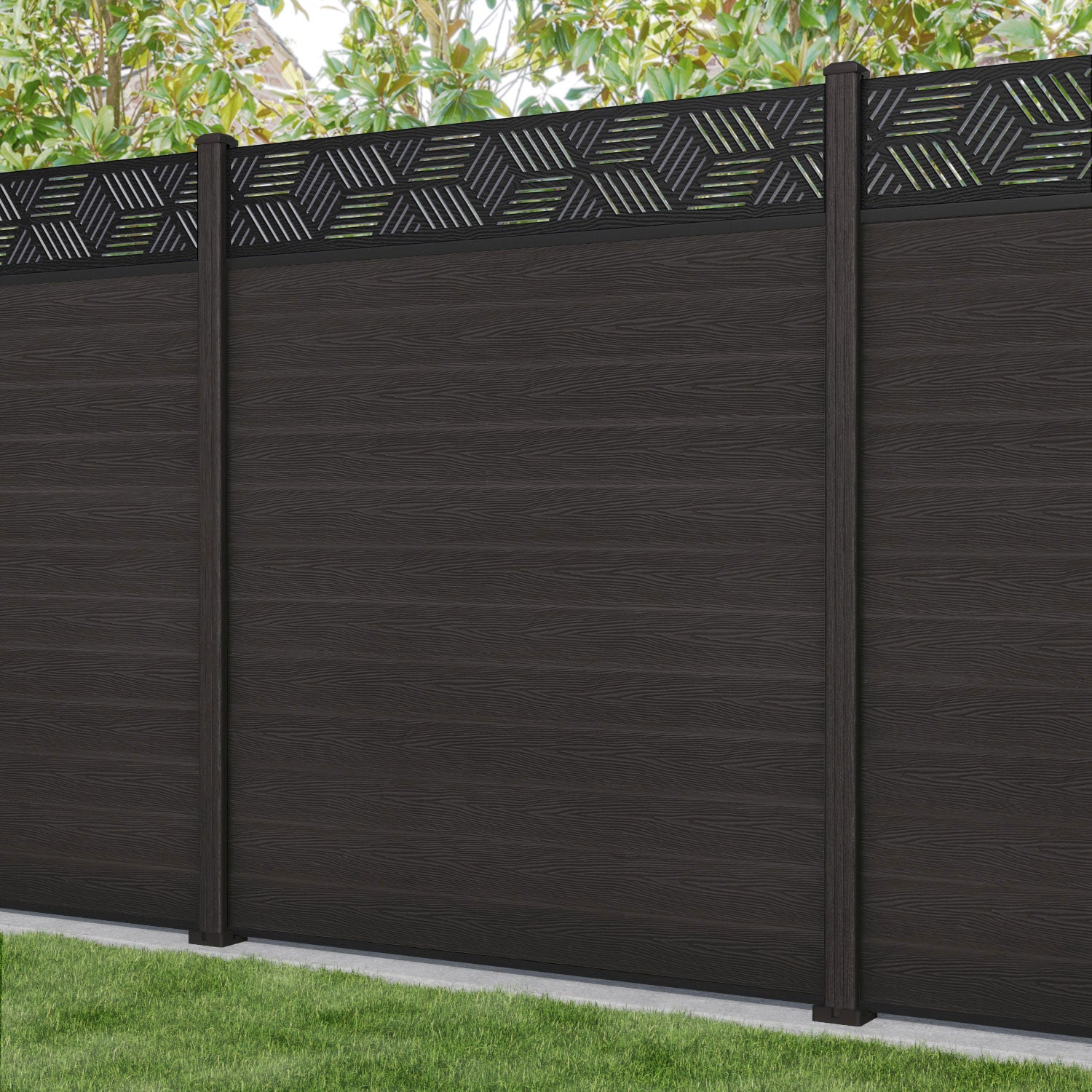 Classic Cubed Fence Panel - Dark Oak Composite Wood Privacy Fence with Sturdy Posts | Perfect for Backyard, Garden, and Patio Enclosures