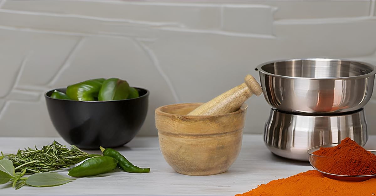 Handmade Indian Wooden Mortar and Pestle Set - Natural Rustic Style Herb & Spice Grinder, Masala Mixer, Manual Kharal for Crushing Seasonings & Pills - Perfect Kitchen Utensil & Housewarming Gift for Ayurvedic Cooking, Herbal Remedies & Spice Preparation