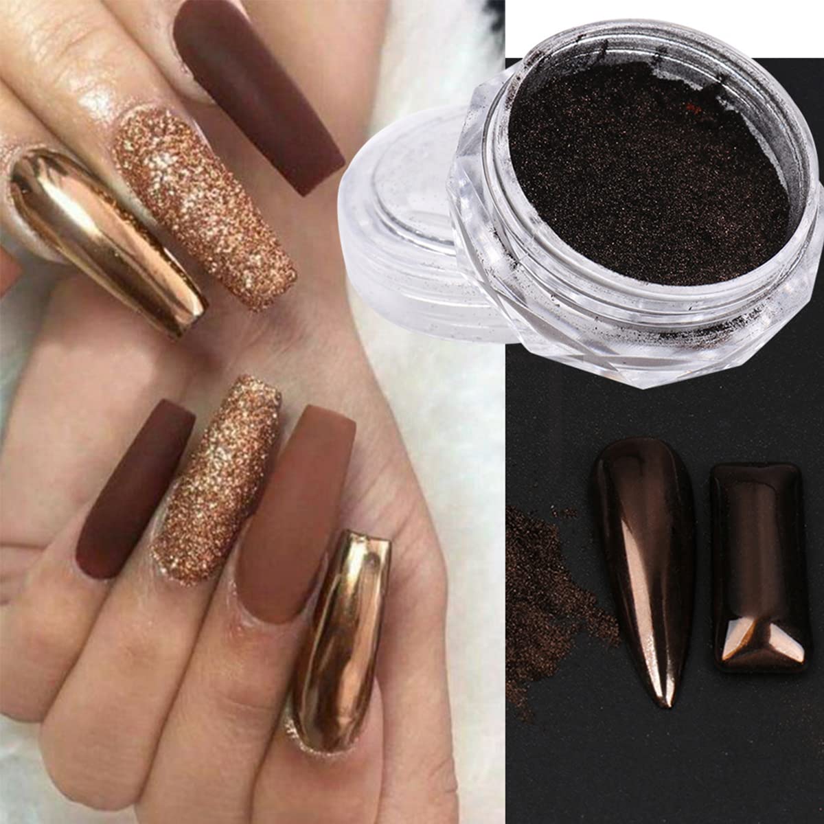 4 Jars Holographic Chrome Nail Powder Set - Silver, Copper, Black, Brown Metallic Mirror Effect Glitter Pigment for Gel Nails | Professional Manicure Art Design & Nail Decoration Tools Included | Perfect for Salon, Home DIY, Parties & Special Occasions