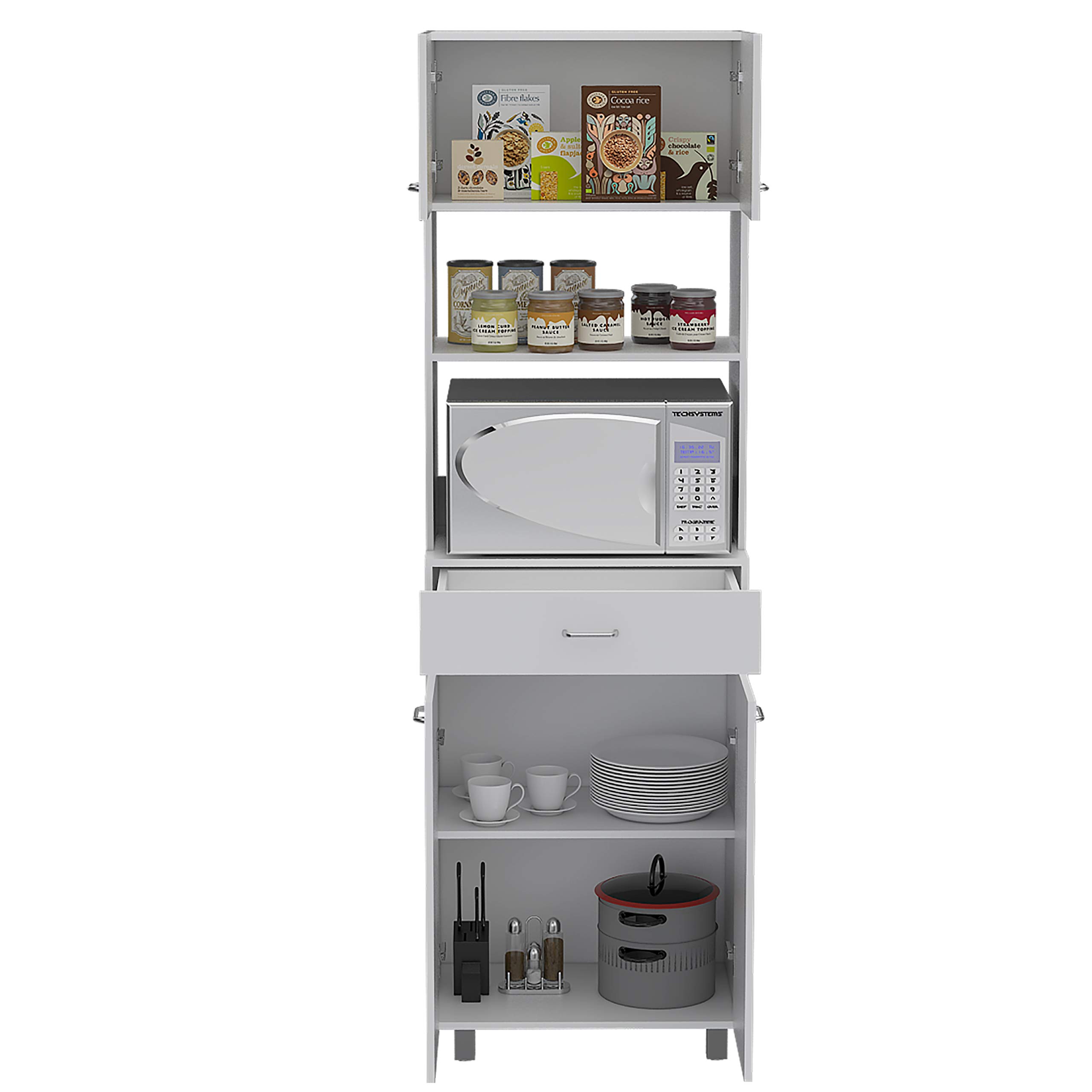 White Auburn Microwave Pantry Cabinet with 2 Storage Cabinets, 2 Open Shelves & Drawer - Perfect for Kitchen Organization & Small Space Storage