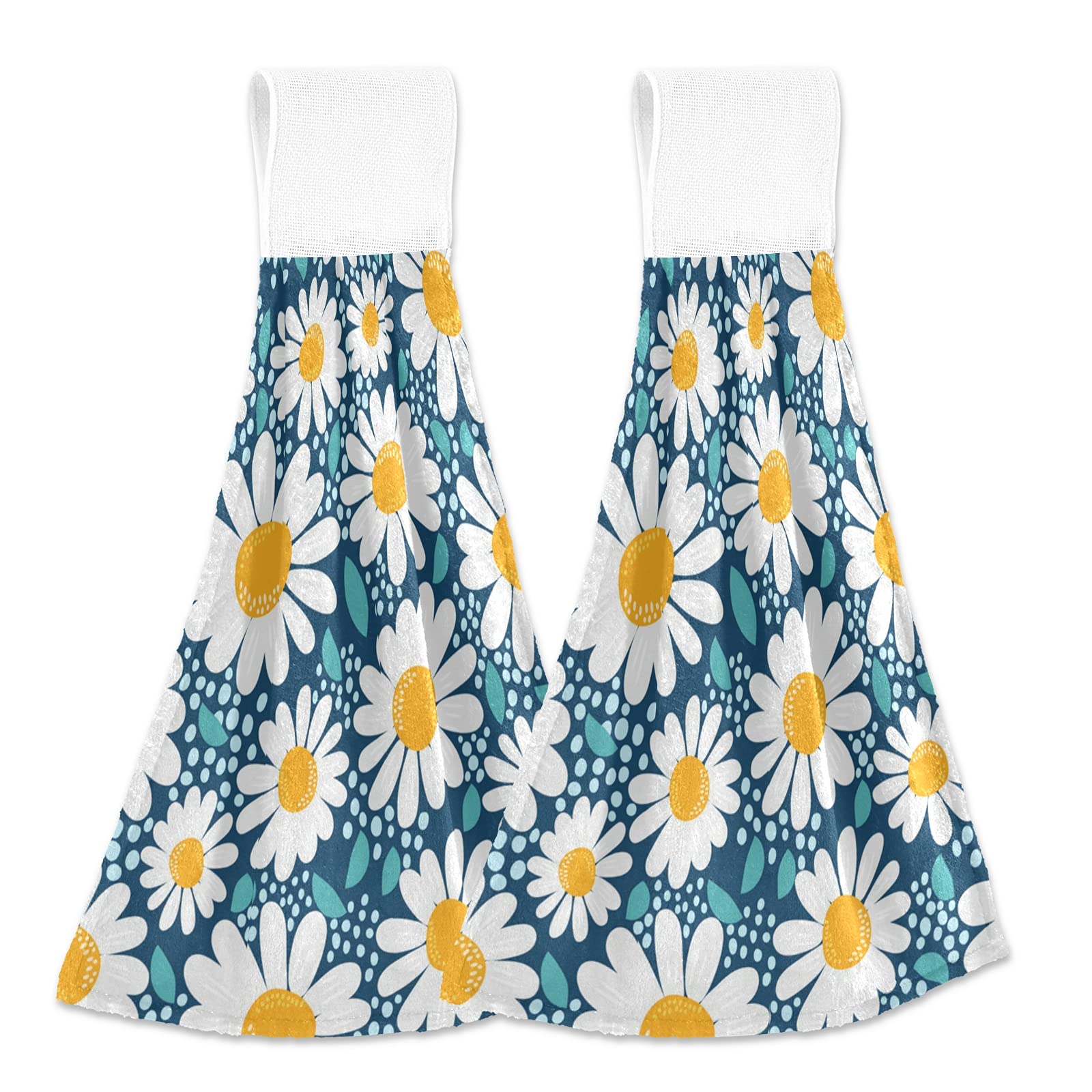 Qilmy Daisy Flower Hanging Kitchen Towel Set of 2 - Absorbent Cotton Tea Towels for Dishes, Bar & Counter - 12x17 Inch Home Decor for Kitchen, Bathroom & Farmhouse Style (Perfect for Drying Dishes, Decorating & Gift Giving)