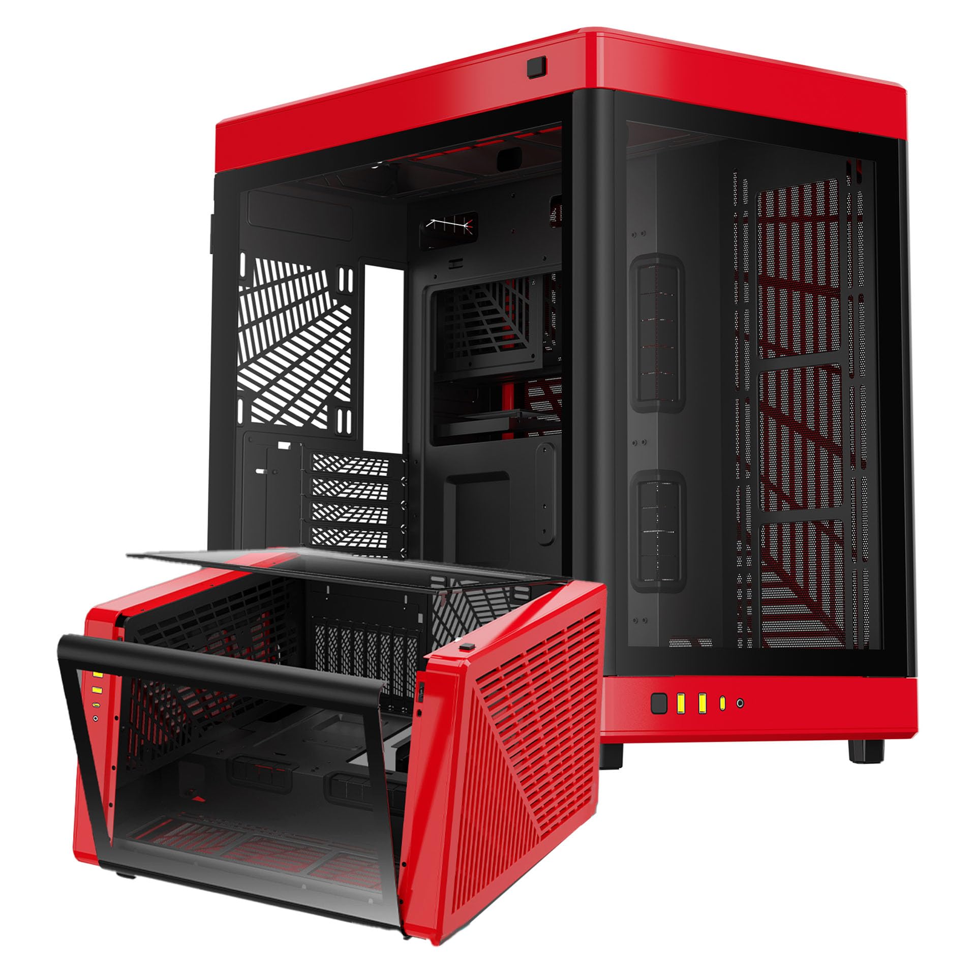 GAMDIAS NESO P1 Full Tower PC Gaming Case - EATX Support, Dual Chamber Design, Bidirectional Configuration, Tempered Glass Windows with Touch Opening - Red | Perfect for High-End Gaming Rigs & Custom PC Builds