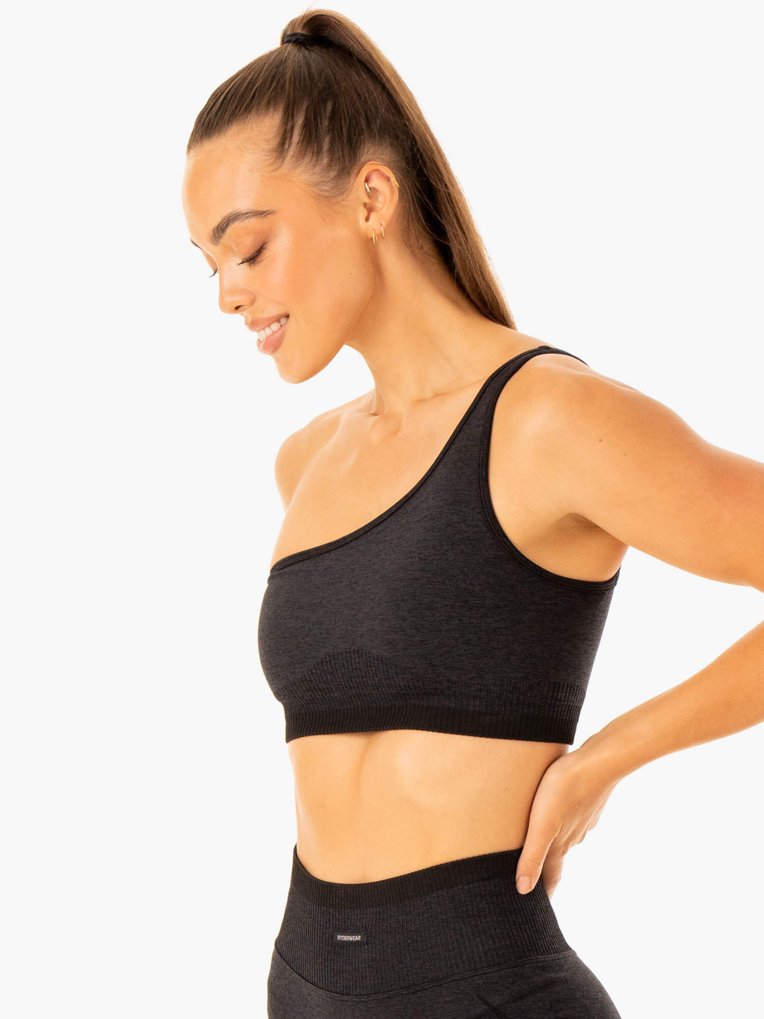 Excel Seamless One Shoulder Sports Bra for Women - Breathable Workout Top - Black Marl - Perfect for Yoga, Running & Gym