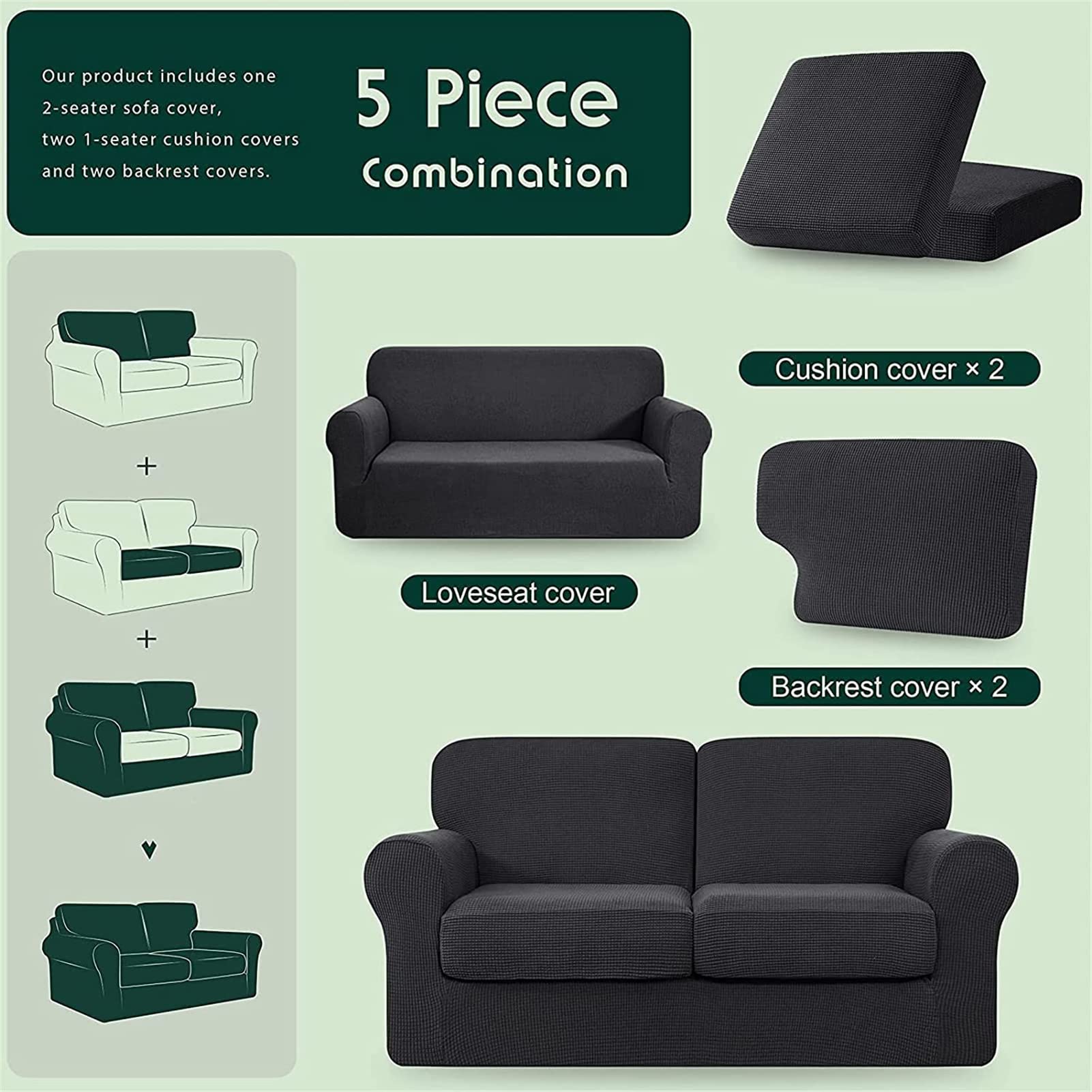 5-Piece Stretch Velvet Sofa Cover Set for 2-Seater Couch - Includes 2 Seat Cushion Covers & Backrest Cover - Soft Furniture Protector for Loveseat/Chair (Black) - Perfect for Living Room, Bedroom & Home Decor Protection
