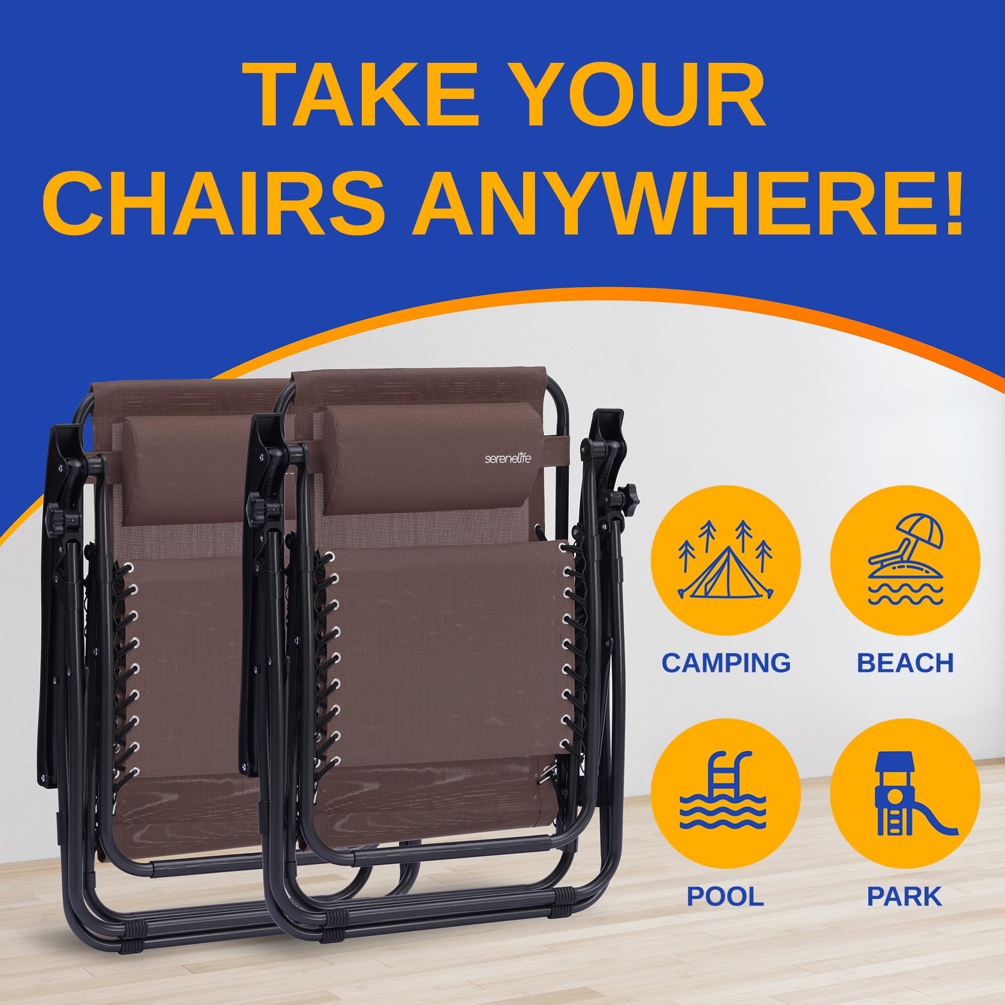 **SereneLife Zero Gravity Chairs Set of 2 - Adjustable Reclining Mesh Patio Chairs with Side Table & Cup Holders - Foldable Outdoor Lounge Chairs for Backyard, Pool, Beach, Camping - Includes Removable Pillows (Brown)**