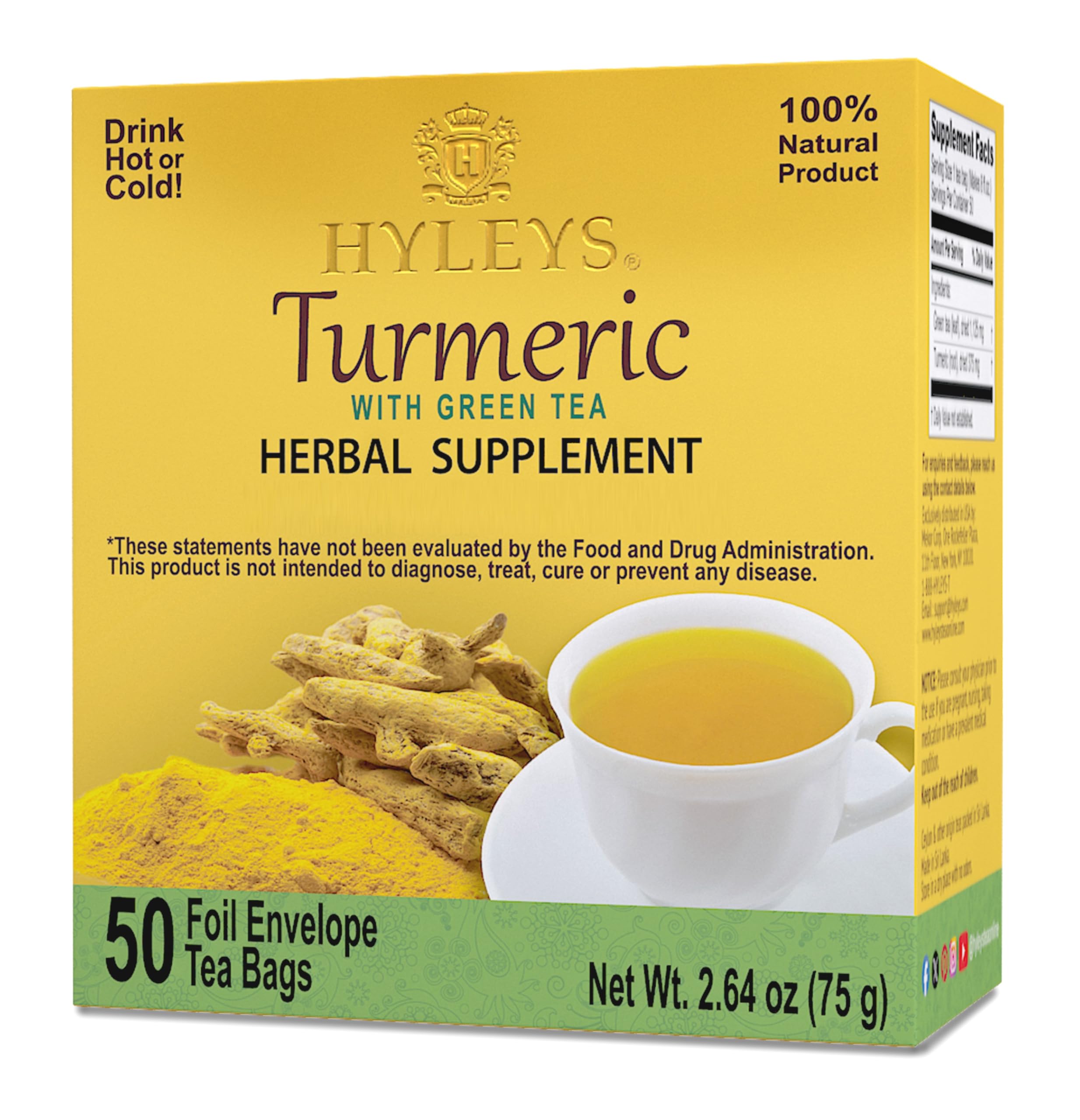 Hyleys Turmeric & Green Tea - 50 Tea Bags - Natural Antioxidant Herbal Tea for Immune Support & Detox - Perfect for Morning Energy & Relaxation in Evening