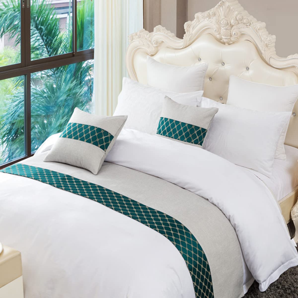 QFWMCW Luxury Hotel Bed Towel & Bed Runner - Modern Home Decoration Bedding Scarf for Queen & King Size Beds - Soft Grey & Green Bedspread Protector - Perfect for Guest Rooms, Master Bedrooms & Airbnb Decor