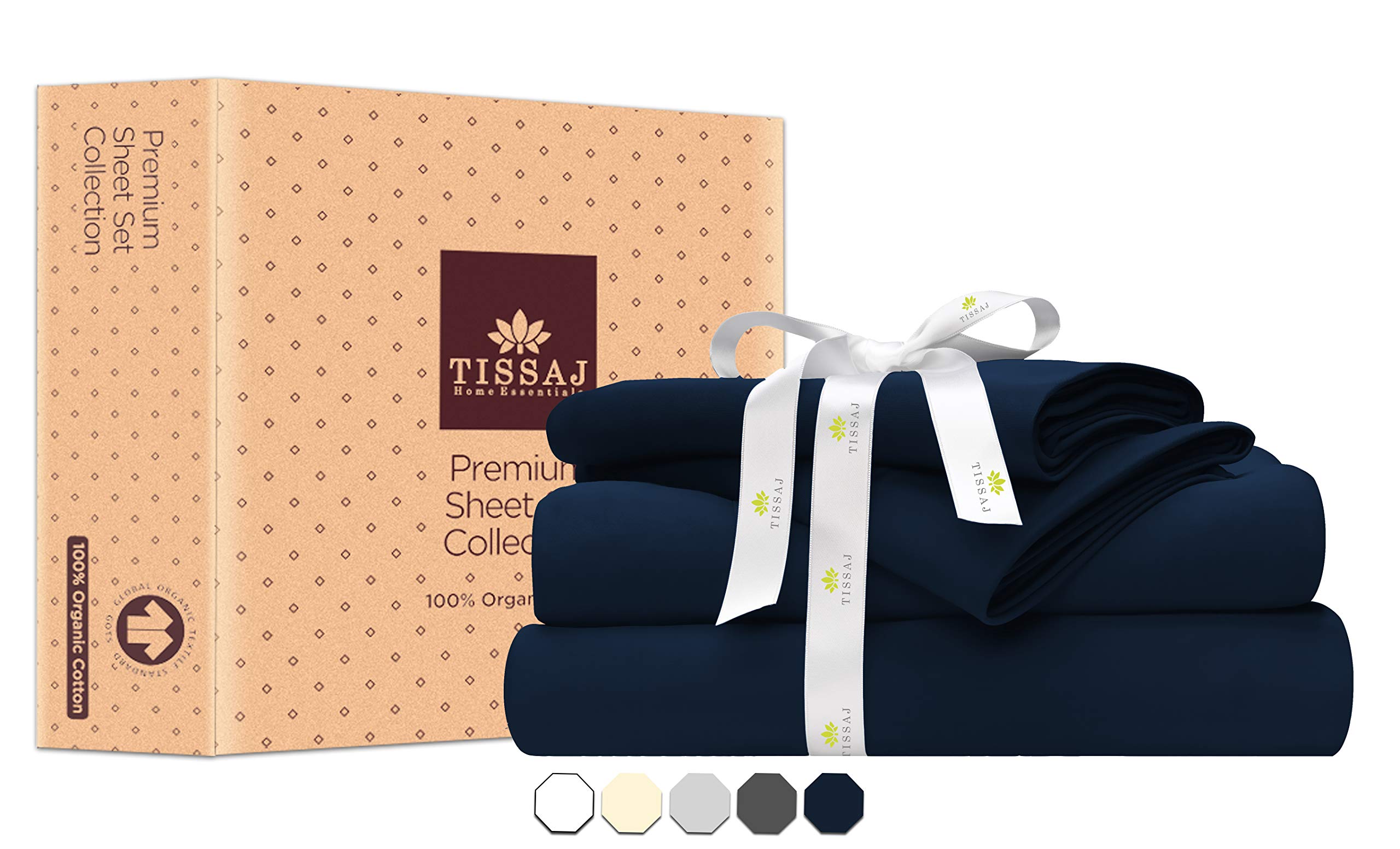 100% Organic Cotton Bed Sheet Set - Twin XL Size - Navy Blue - 300 Thread Count - GOTS Certified - Breathable & Soft - Deep Pocket Fits 16