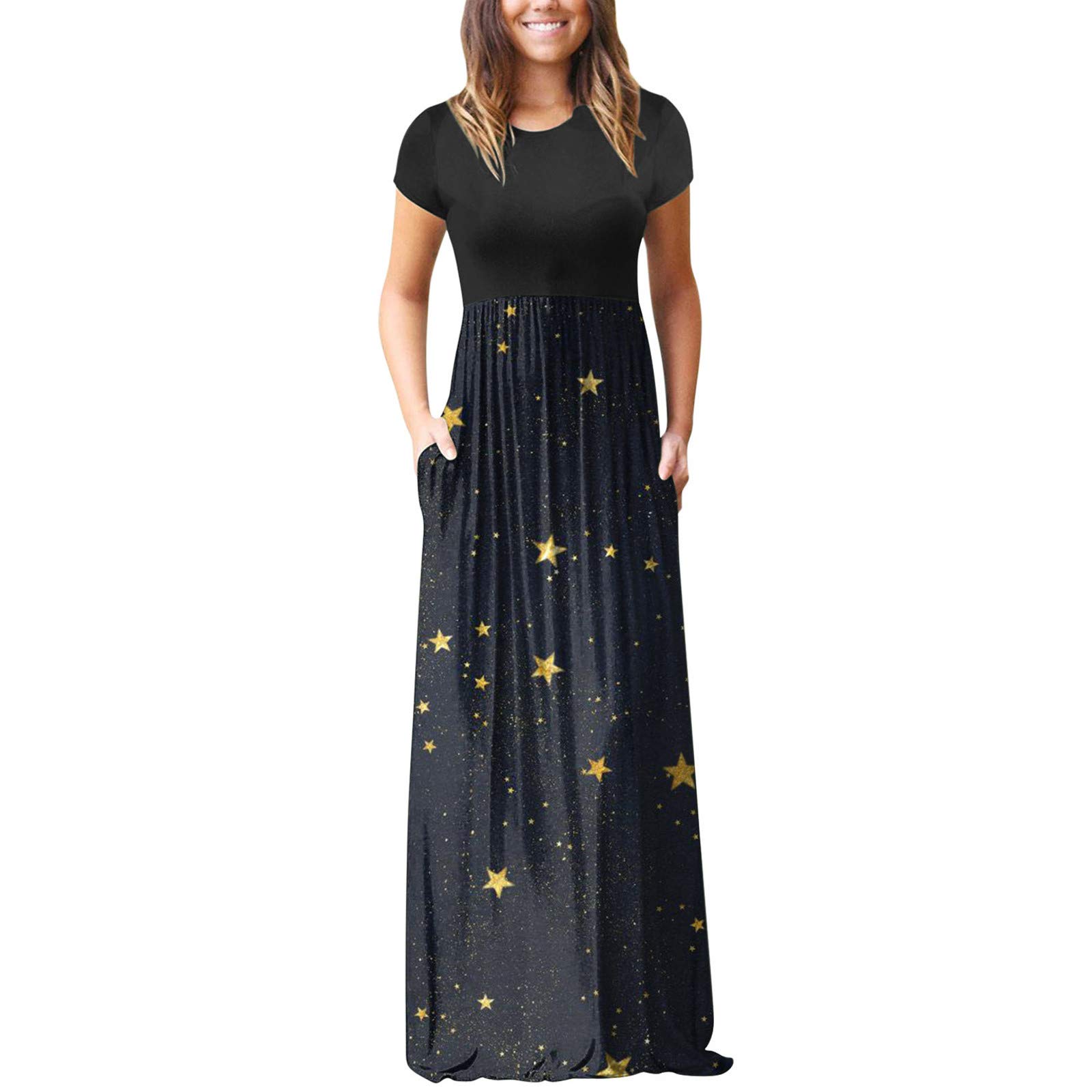 Nulairt Women's Casual Loose Pocket Long Dress - O-Neck Floor Length Short Sleeve Swing Maxi Dress for Summer, Beach, Travel & Everyday Wear