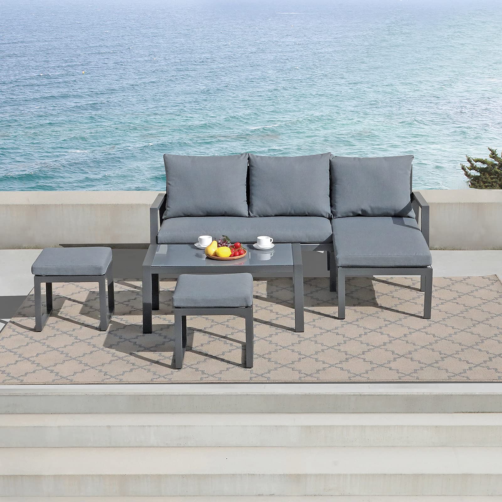 Outdoor Patio Furniture Set - Aluminum Sofa with Ottomans & Glass Coffee Table, Dark Grey Finish & Grey Cushions - Perfect for Garden, Backyard, Poolside & Terrace Relaxation