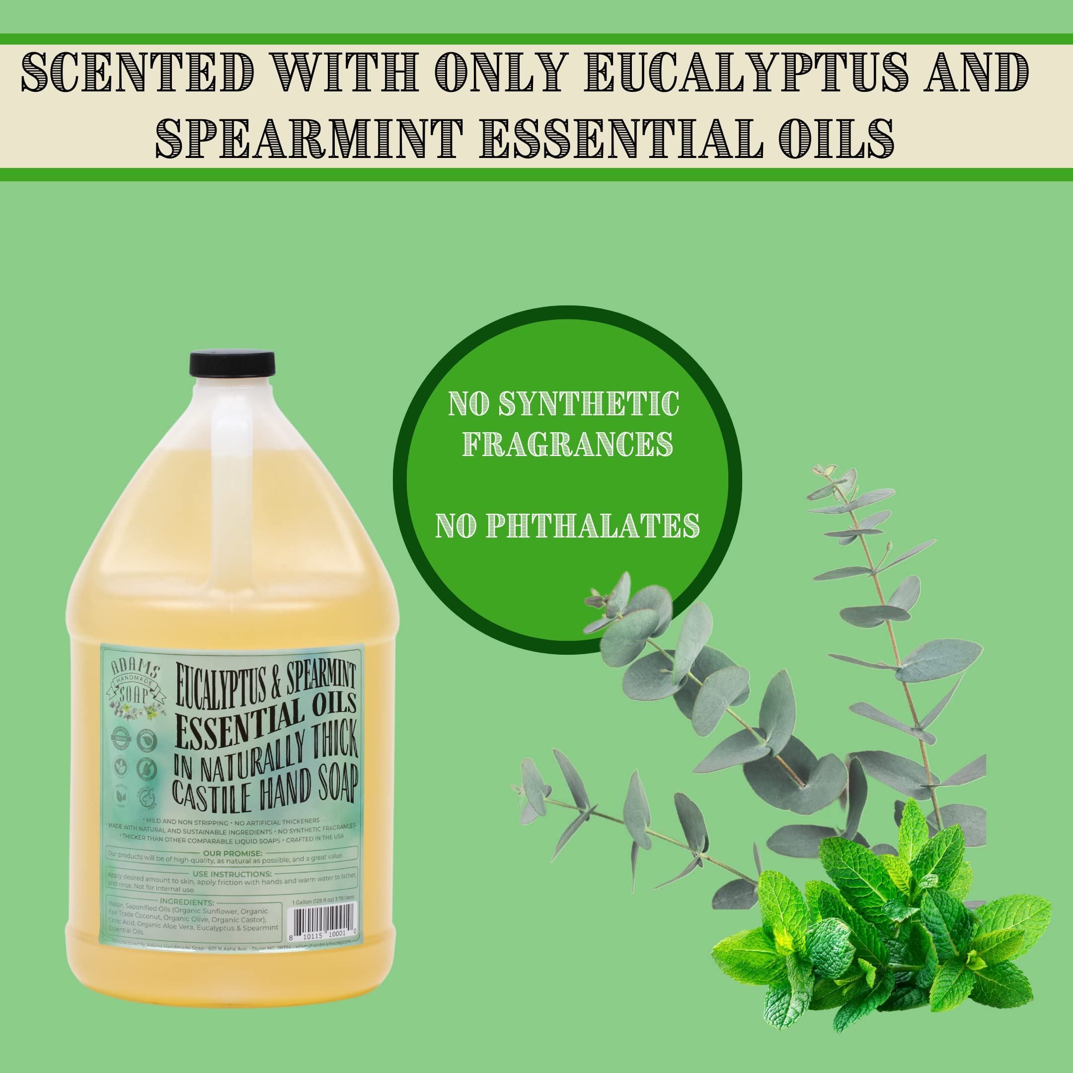 Adams Handmade Thick Castile Liquid Hand Soap Refill - 1 Gallon, Eucalyptus Spearmint Scent, Pack of 4 | Natural, Organic, Vegan | Perfect for Home, Spa, and Commercial Use
