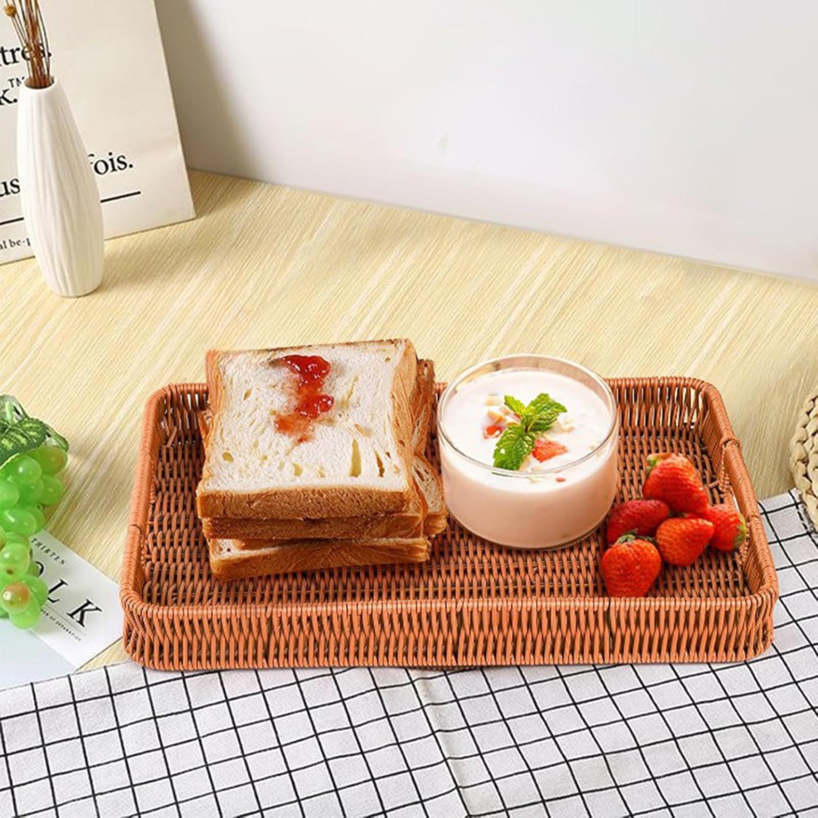 Yarlung 3-Pack Woven Storage Baskets with Handles - Rectangular Poly Wicker Serving Trays for Bread, Fruit, Vegetables, Snacks & Drinks - Perfect for Breakfast, Dining Table, Coffee Table & Kitchen Organization (3 Sizes)