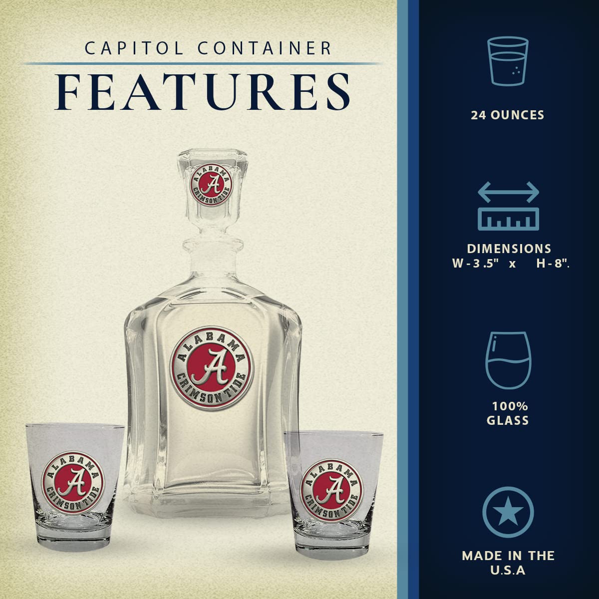 Premium 24oz Alabama Glass Container Set with 2 Matching Water Glasses - Handcrafted Pewter Drinking Glasses for Cocktails, Iced Coffee & Home Bar Accessories