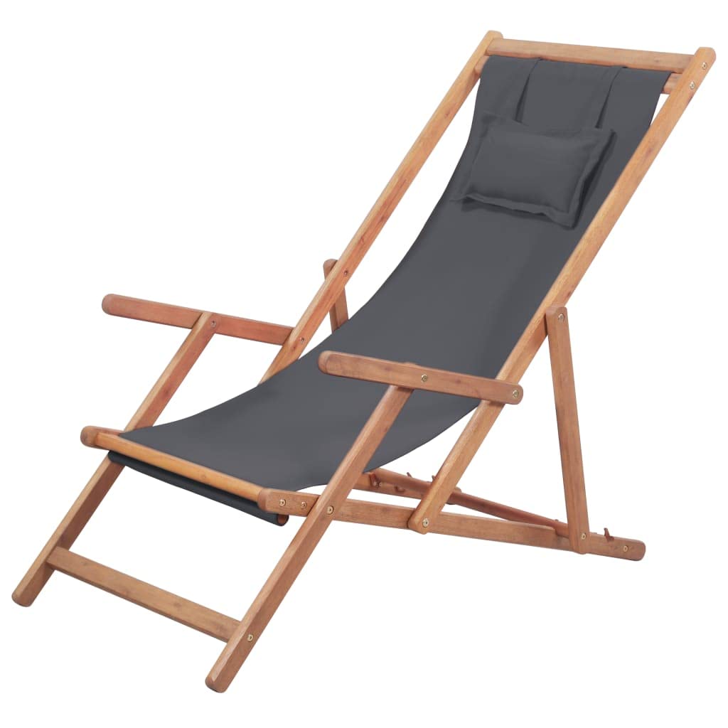 Folding Beach Chair with Wooden Frame - Portable Chaise Lounge for Pool, Lawn, Patio & Sunbathing - Gray Fabric Outdoor Relaxation Chair | Perfect for Beach Vacations, Backyard Lounging & Summer Outdoor Activities
