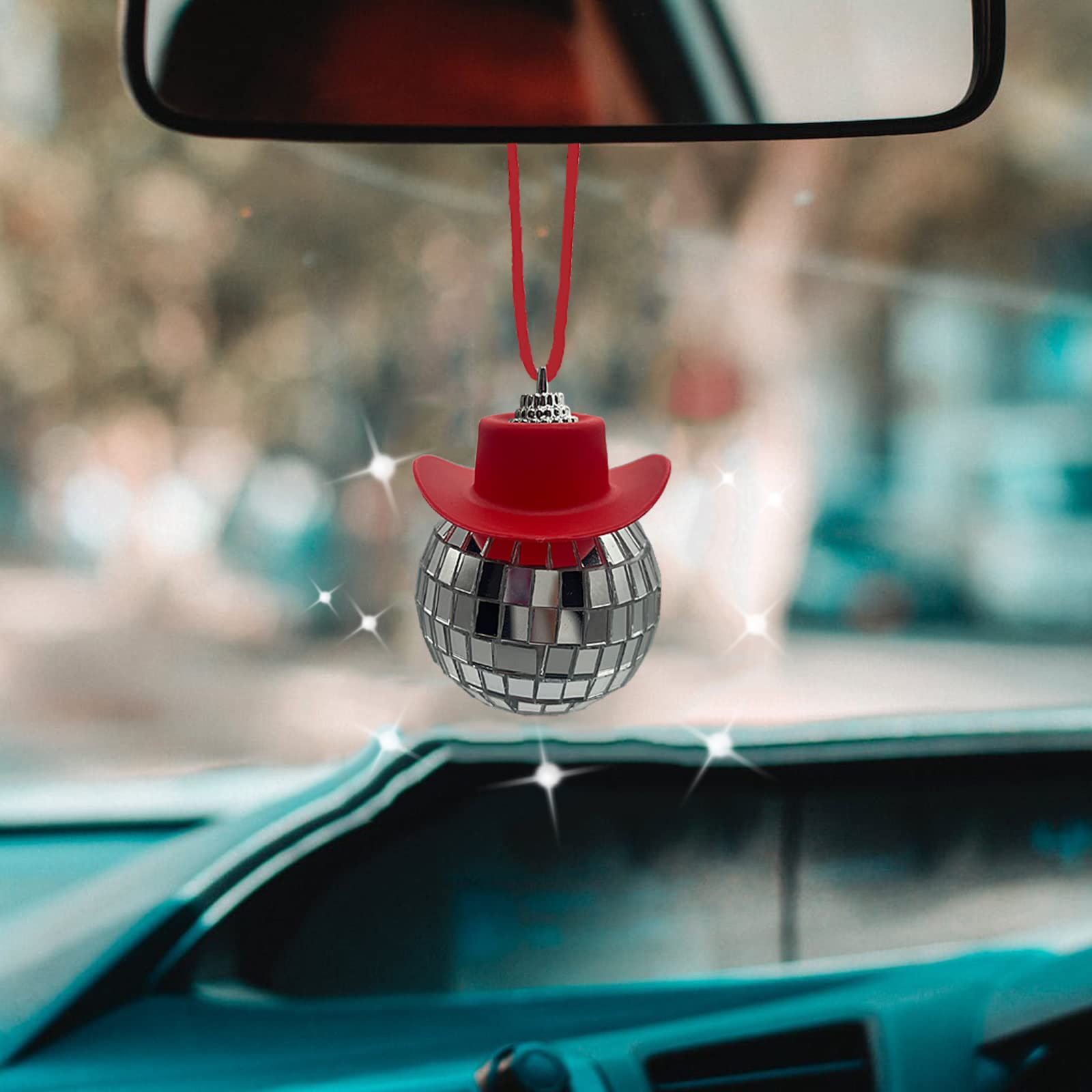 Red Disco Ball Car Mirror Ornament with Cowboy Hat - Fun Car Accessory for Women - Perfect for Road Trips, Parties & Country Music Lovers