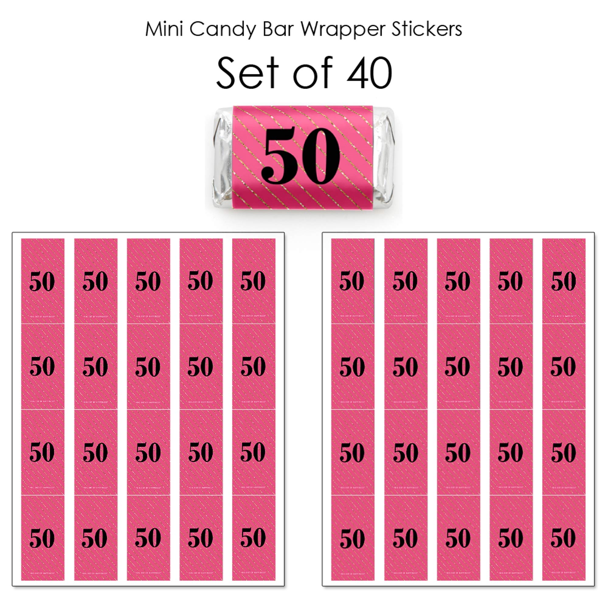 Chic 50th Birthday Party Candy Wrappers - 40 Count Pink, Black & Gold Mini Candy Bar Stickers - Elegant Birthday Party Favors & Decorations for Women's Milestone Celebration